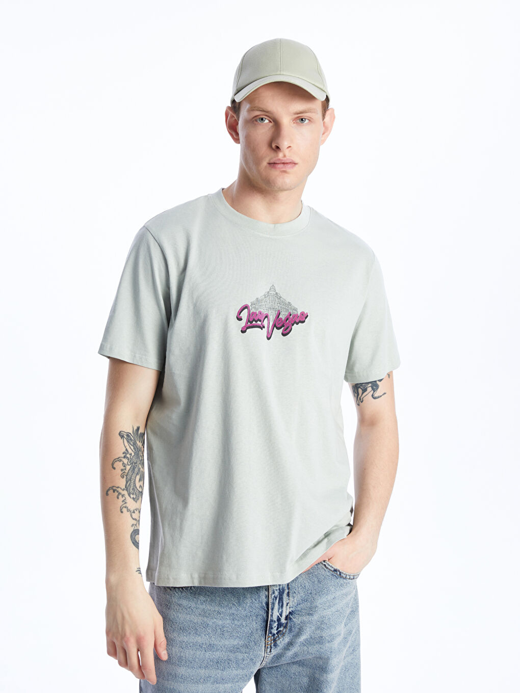 მრგვალი საყელო მოკლე სახელო ნაბეჭდი კომბინირებული ბამბის მამაკაცის მაისური-1