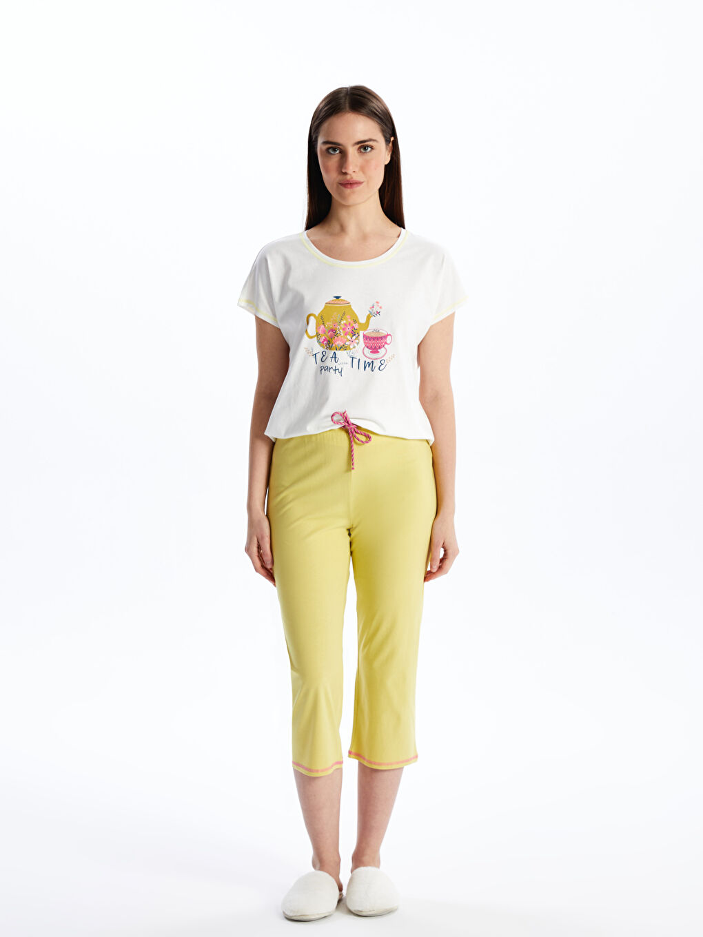 LCW DREAM Yeşil Bisiklet Yaka Baskılı Kısa Kollu Kadın Kaprili Pijama Takımı - 2