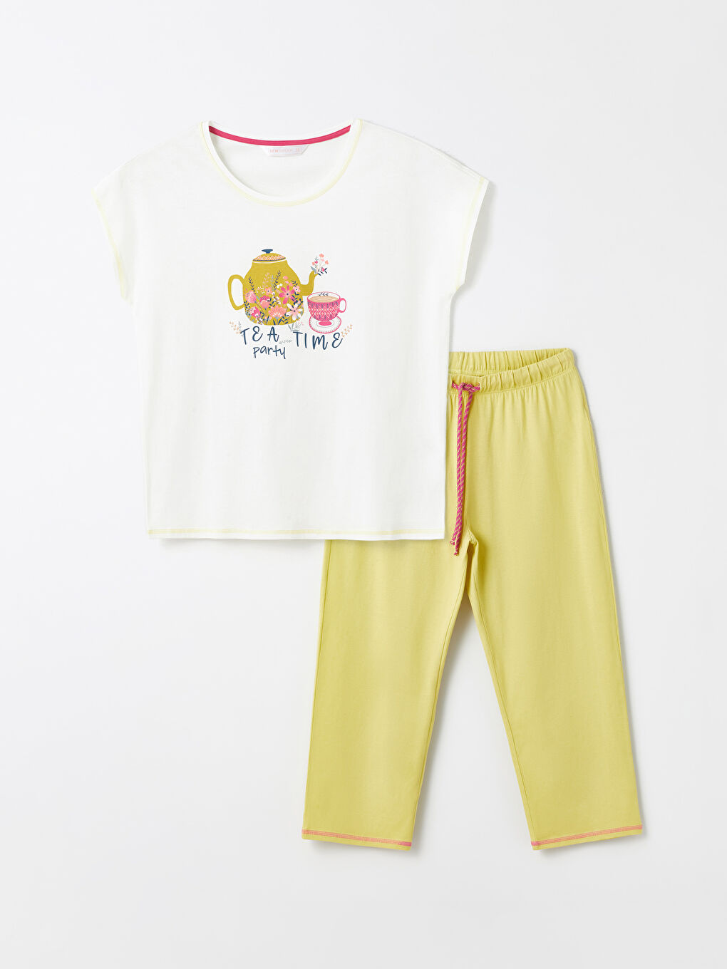LCW DREAM Yeşil Bisiklet Yaka Baskılı Kısa Kollu Kadın Kaprili Pijama Takımı - 5