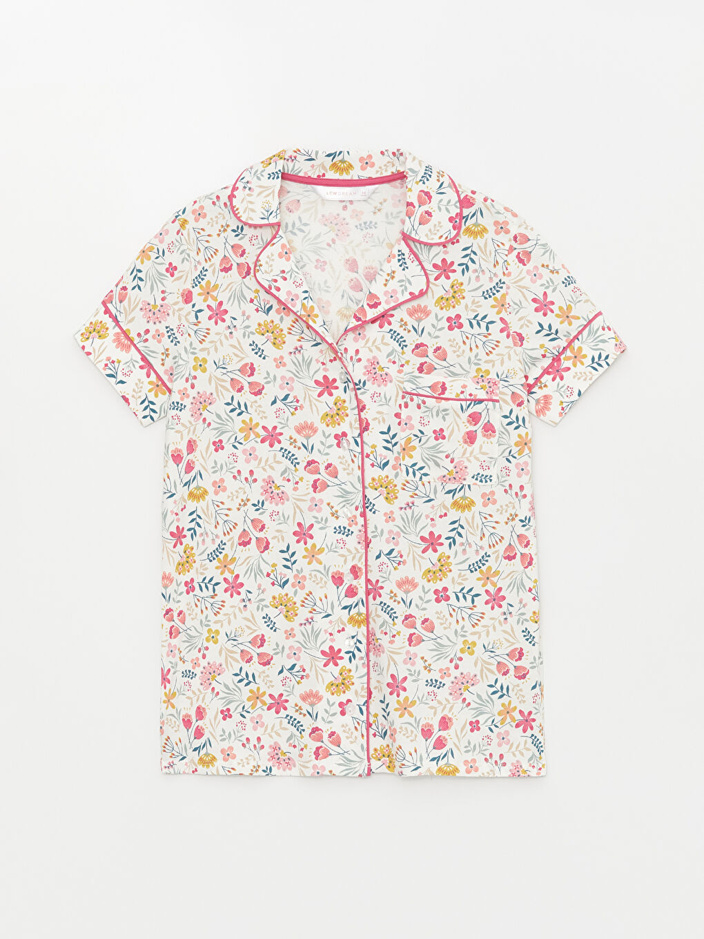 Ekru Gömlek Yaka Çiçekli Kısa Kollu Kadın Pijama Üst-2