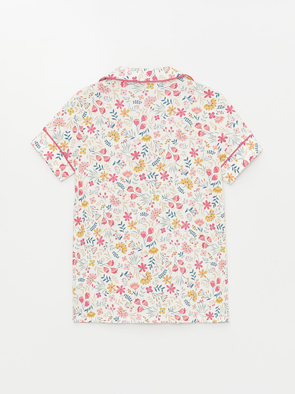 Ekru Gömlek Yaka Çiçekli Kısa Kollu Kadın Pijama Üst-3