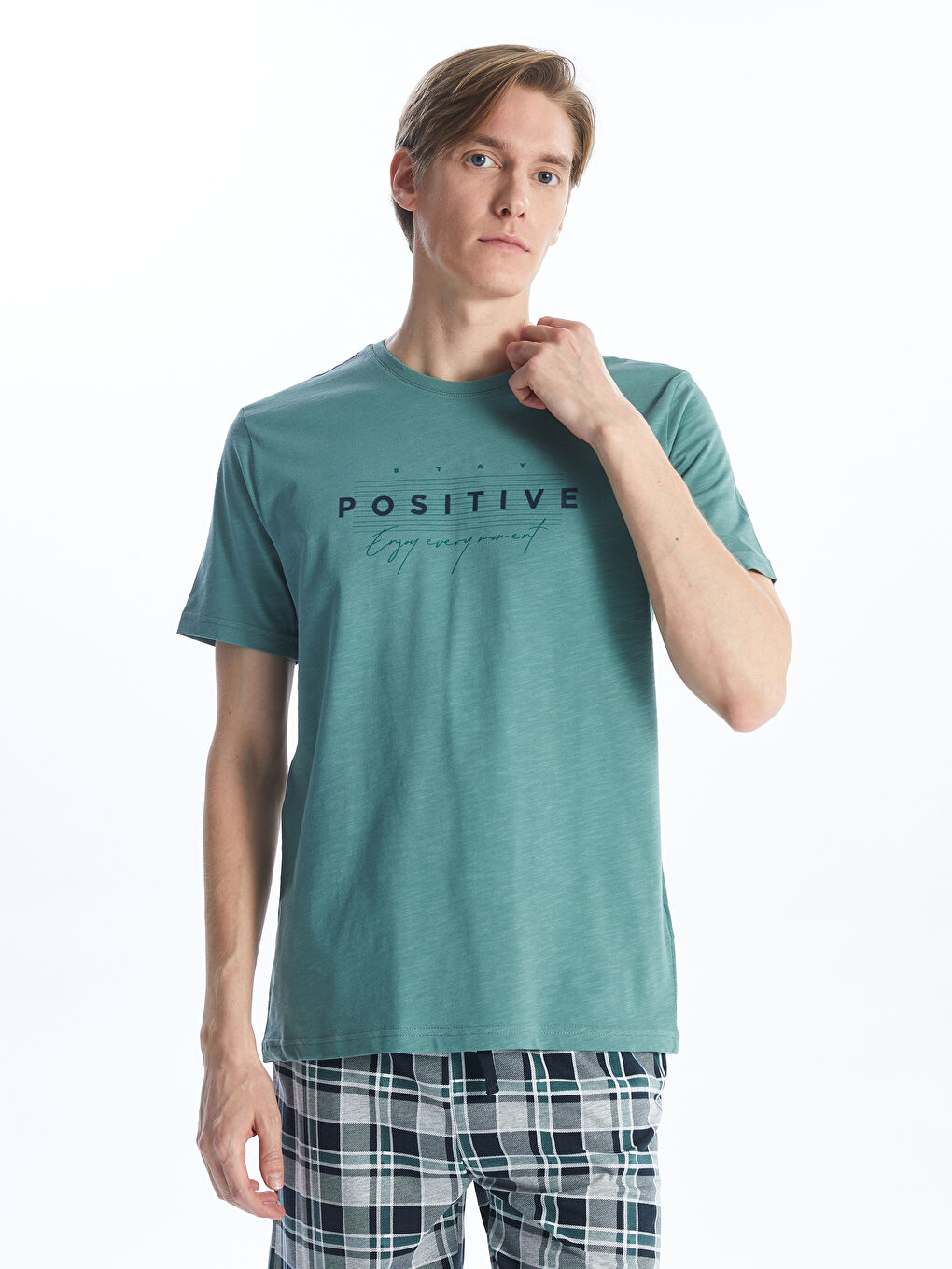 Yeşil Bisiklet Yaka Kısa Kollu Erkek Pijama Üst