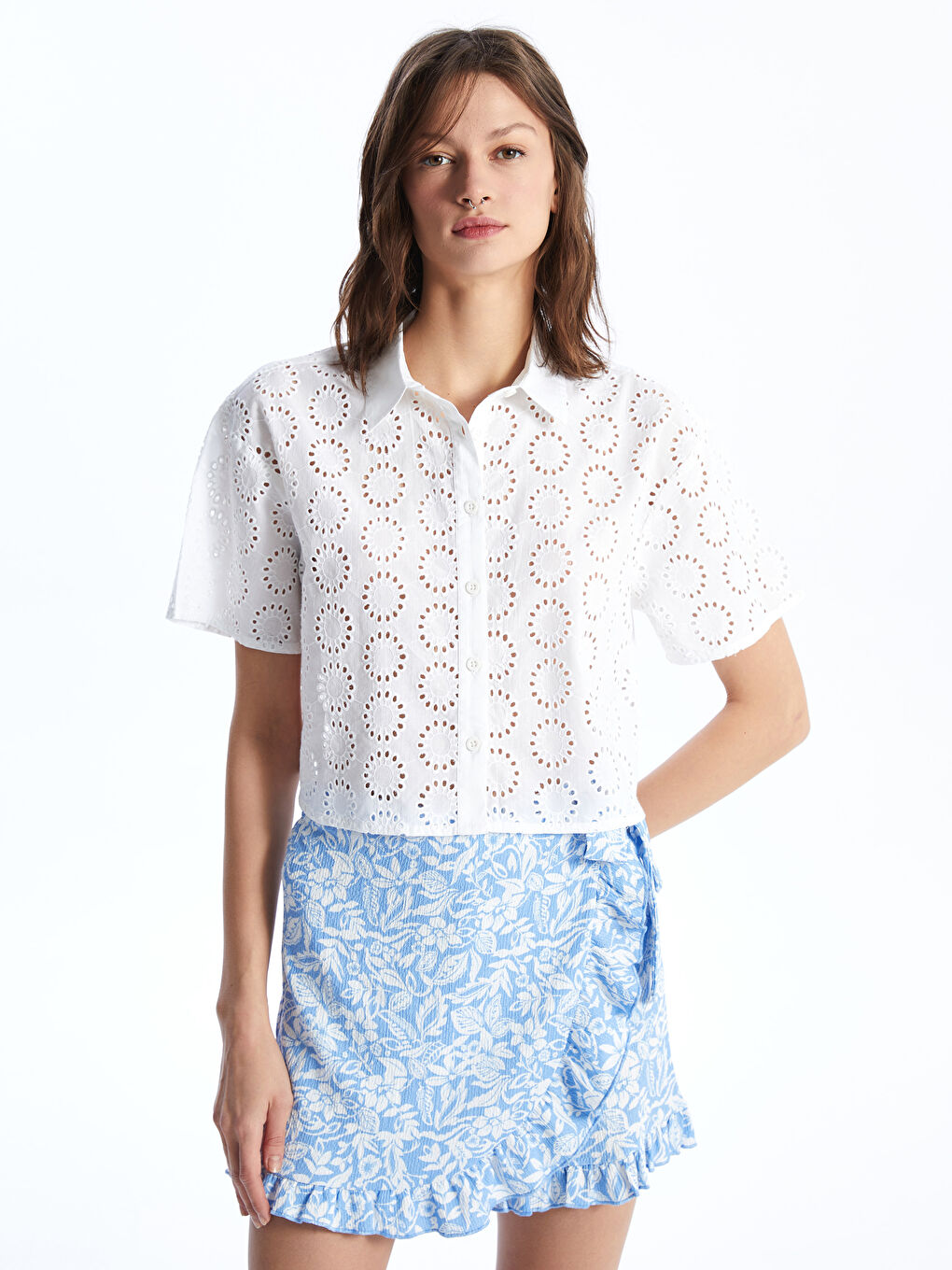 Self-Patterned Short Sleeve Women's Shirt -S4BV09Z8-Q6K