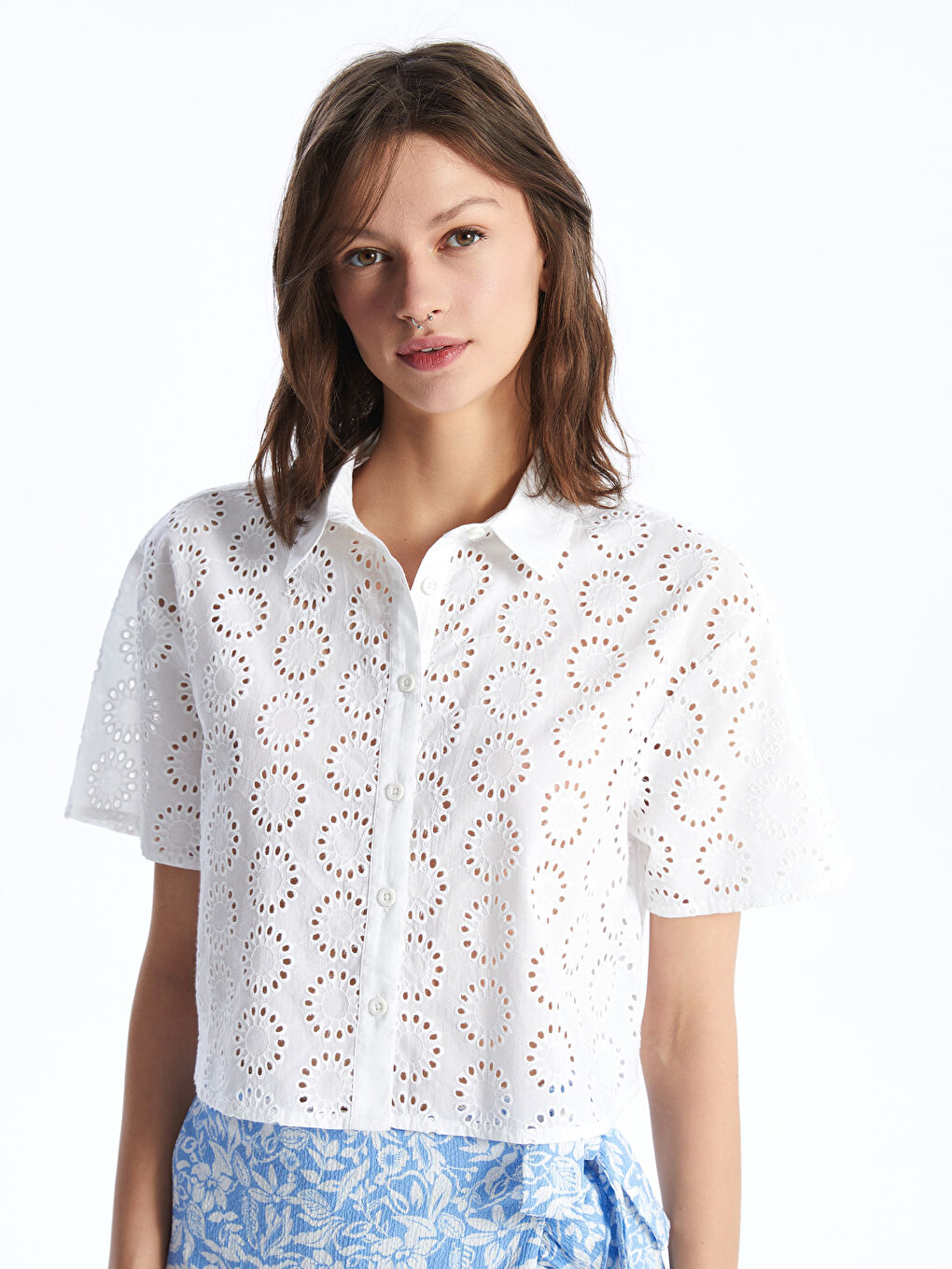Self-Patterned Short Sleeve Women's Shirt -S4BV09Z8-Q6K