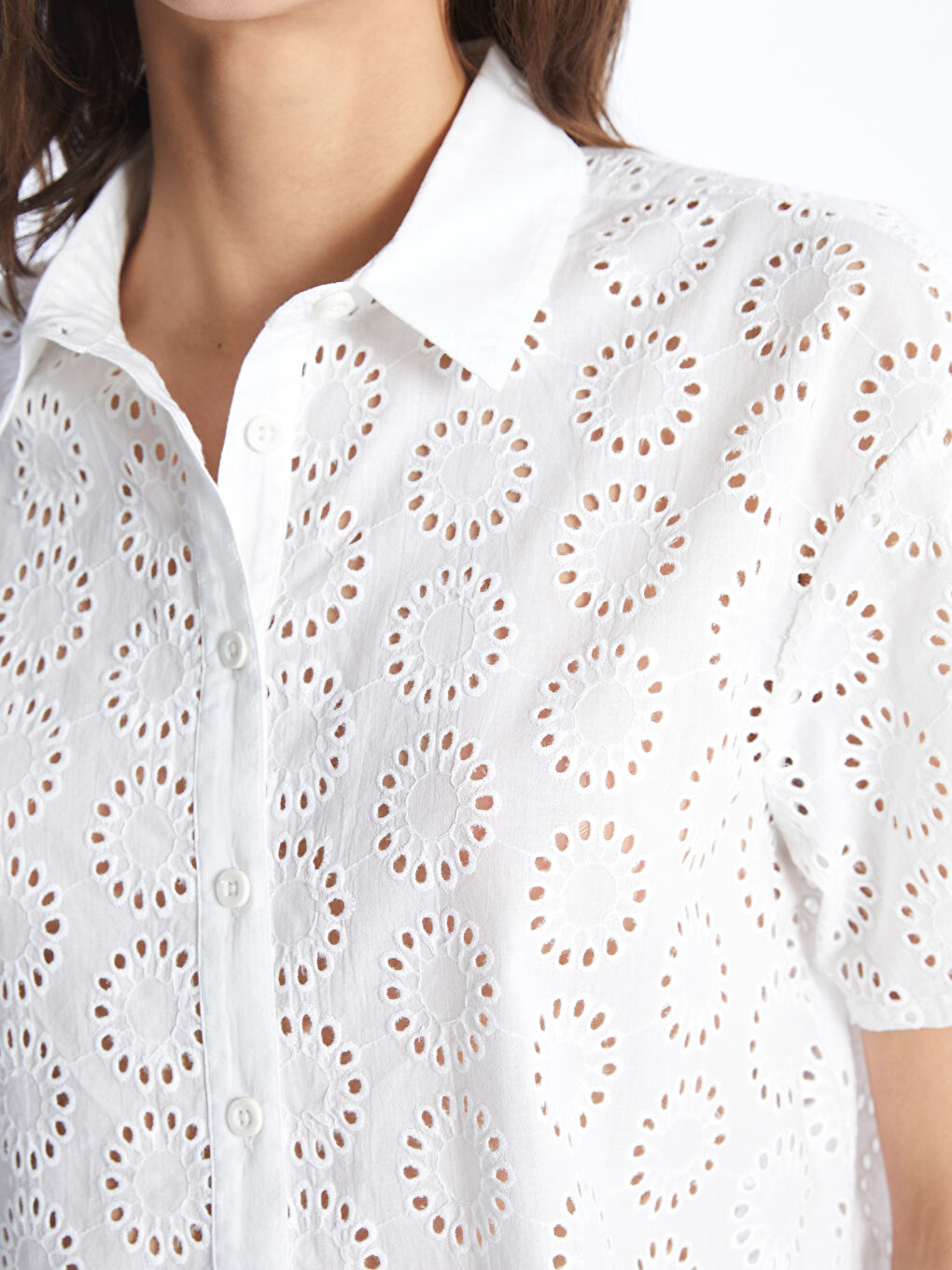 Self-Patterned Short Sleeve Women's Shirt -S4BV09Z8-Q6K