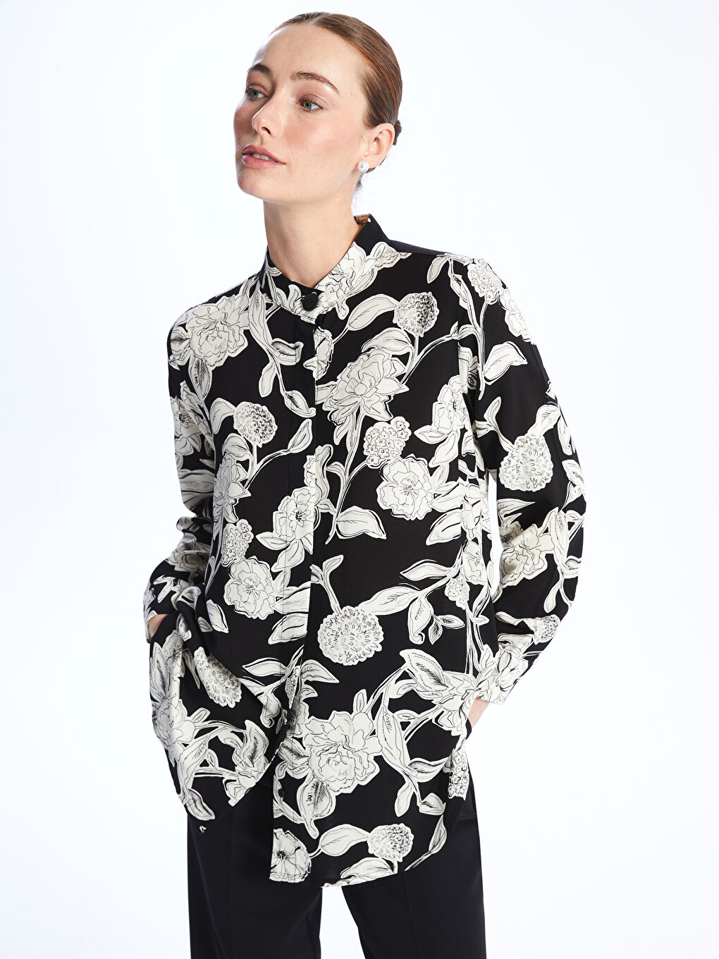 Bej Hakim Yaka Desenli Kadın Gömlek Tunik