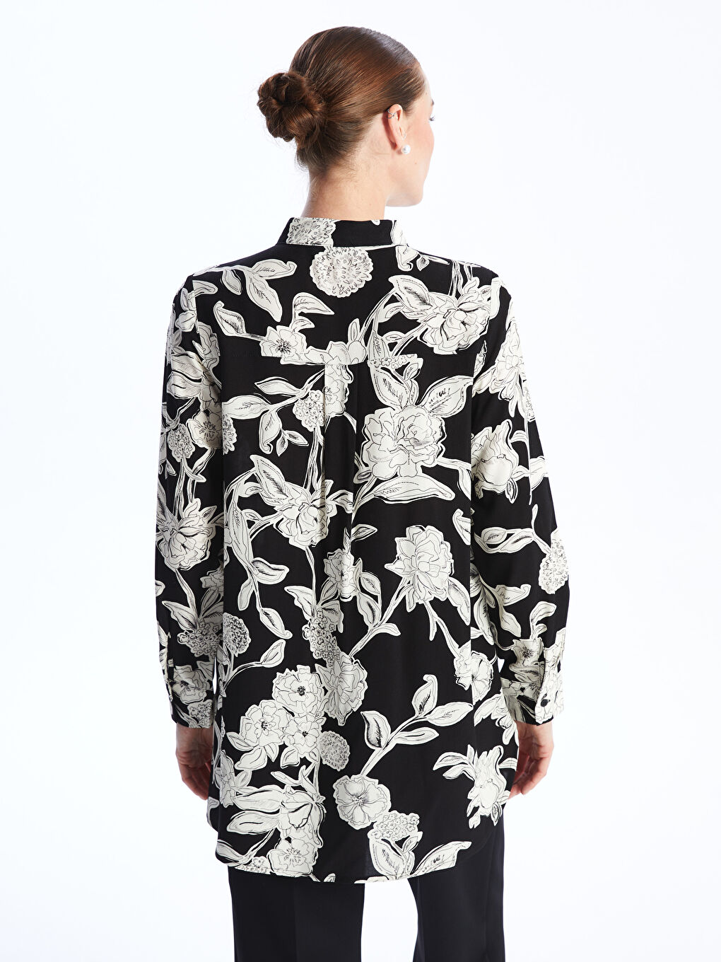 Bej Hakim Yaka Desenli Kadın Gömlek Tunik-4