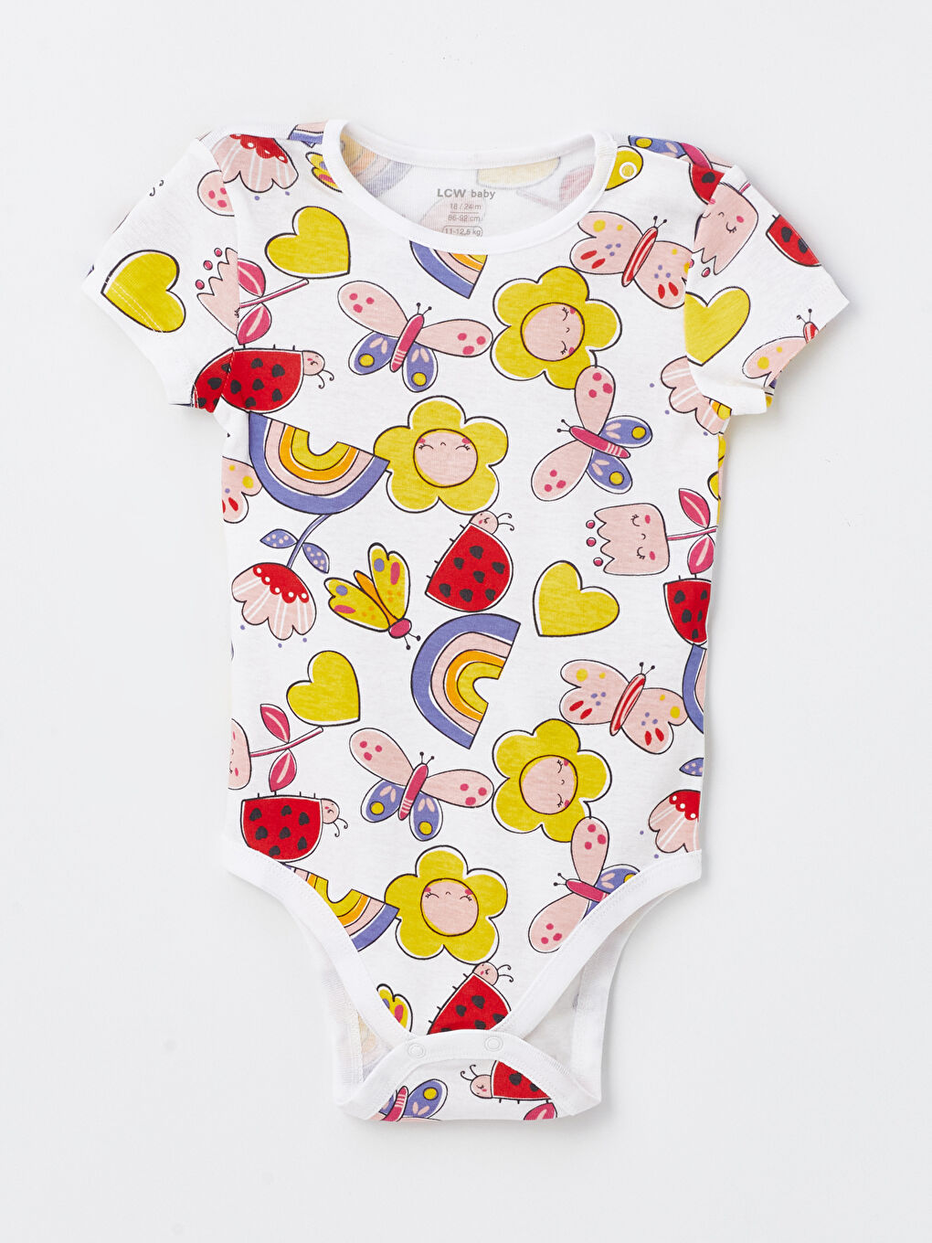 Ekru Bisiklet Yaka Kısa Kollu Baskılı Kız Bebek Çıtçıtlı Bodysuit