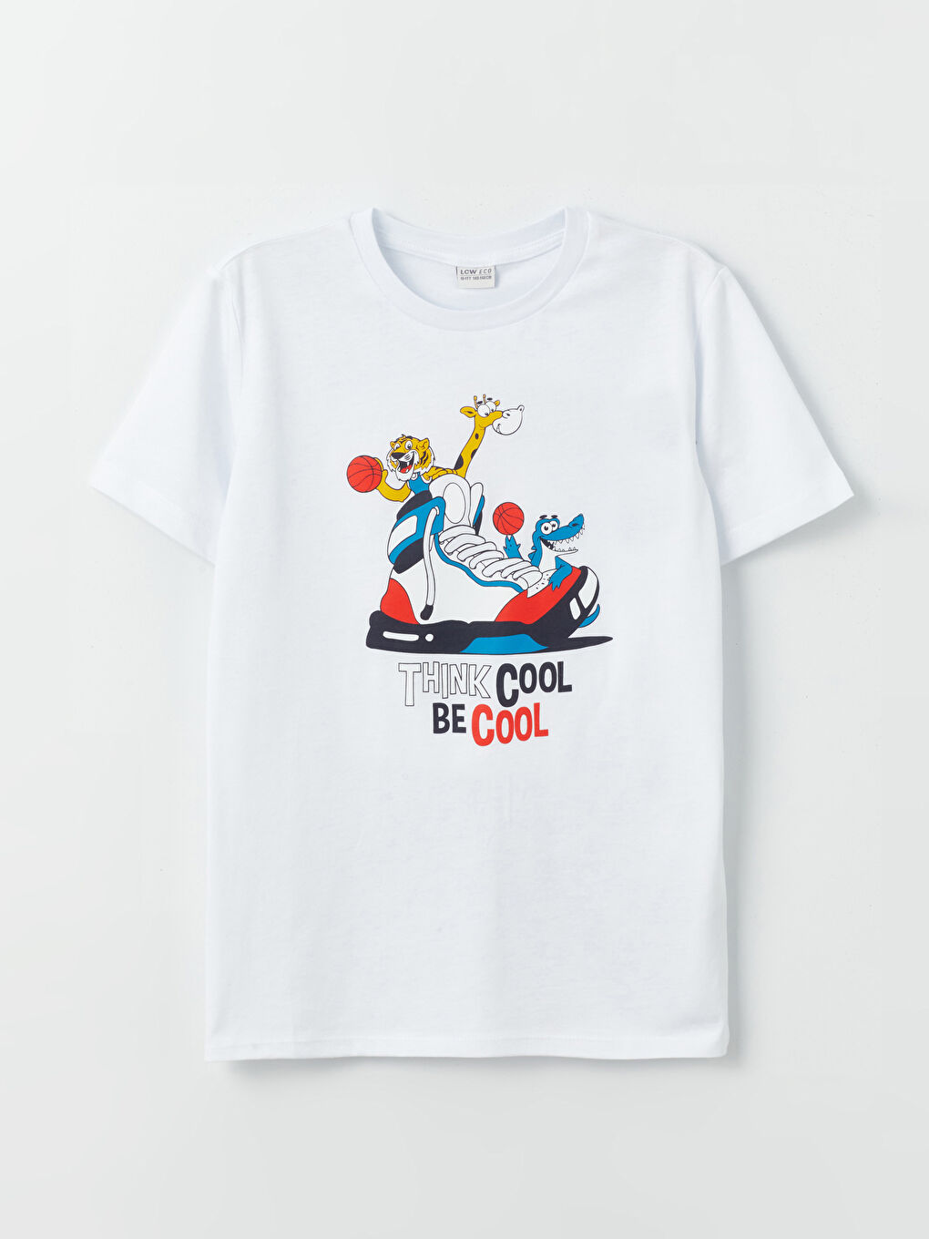 Beyaz Bisiklet Yaka Baskılı Kısa Kollu Erkek Çocuk Tişört