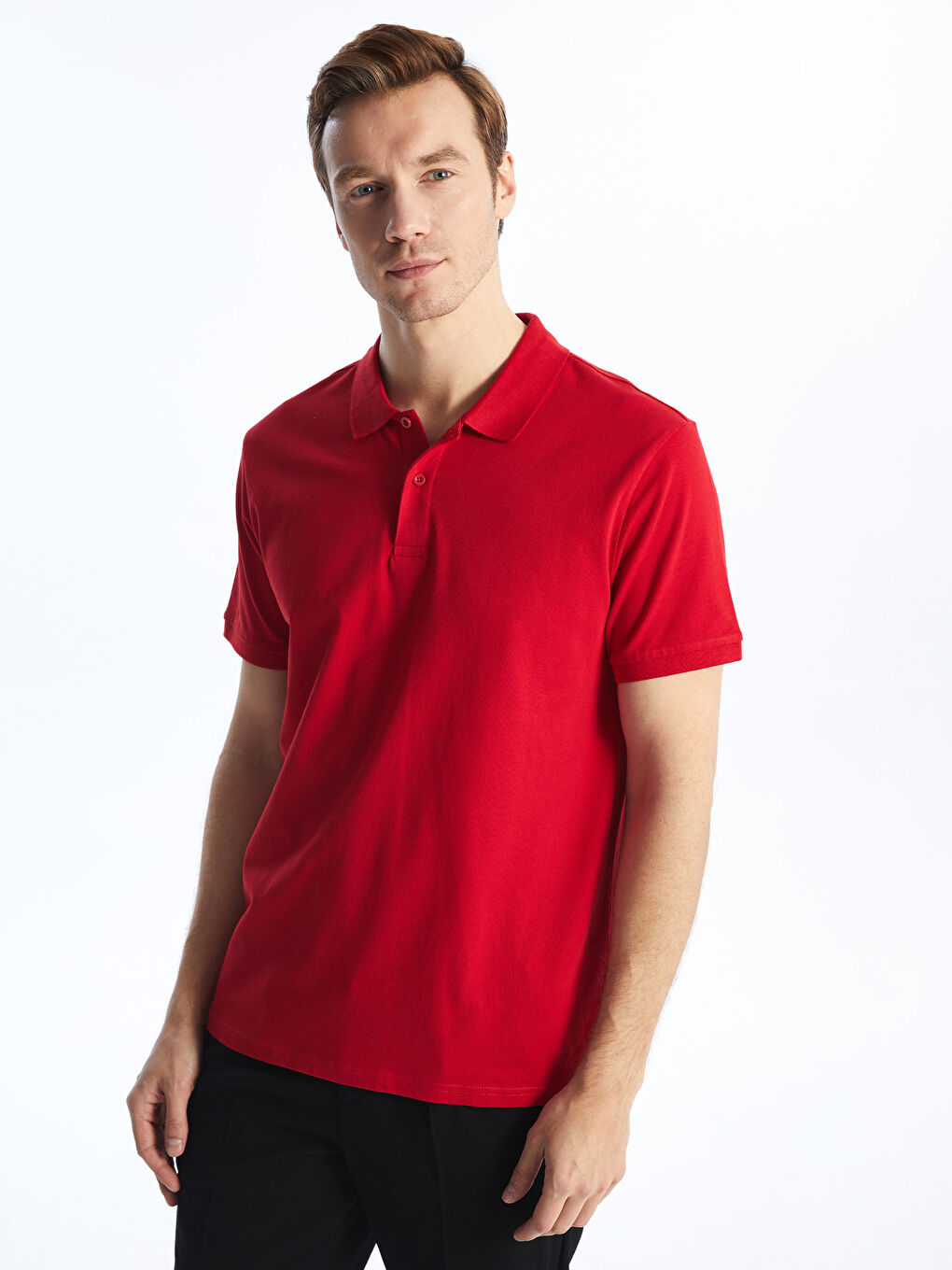 Kırmızı Polo Yaka Kısa Kollu Pike Erkek Tişört-1