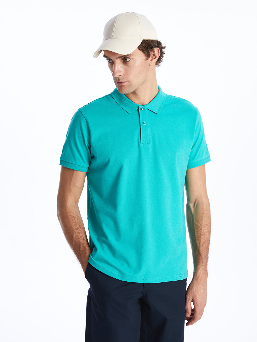 Turkuaz Polo Yaka Kısa Kollu Pike Erkek Tişört-1