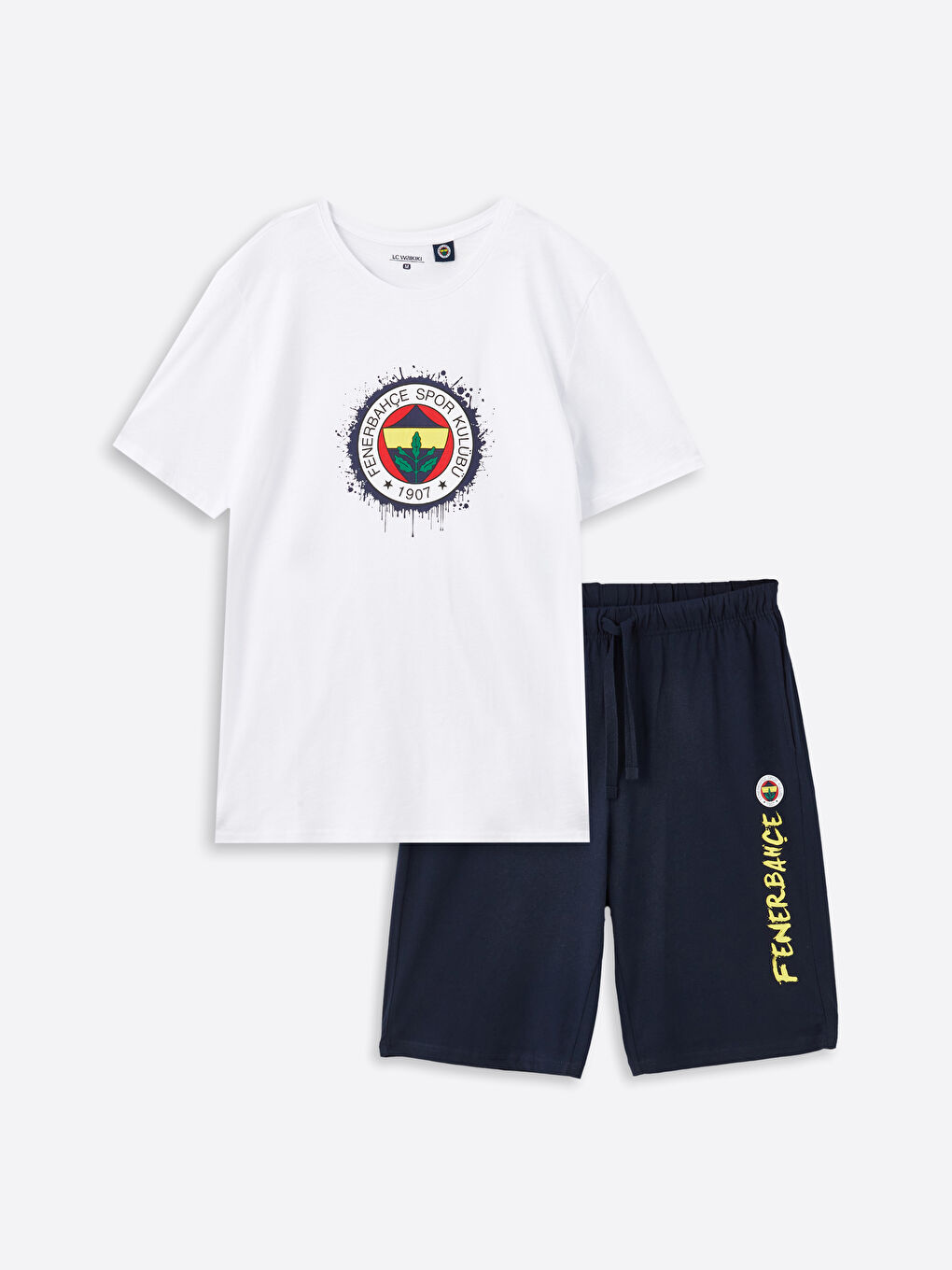 Beyaz Standart Kalıp Fenerbahçe Baskılı Erkek Şortlu Pijama Takımı-4