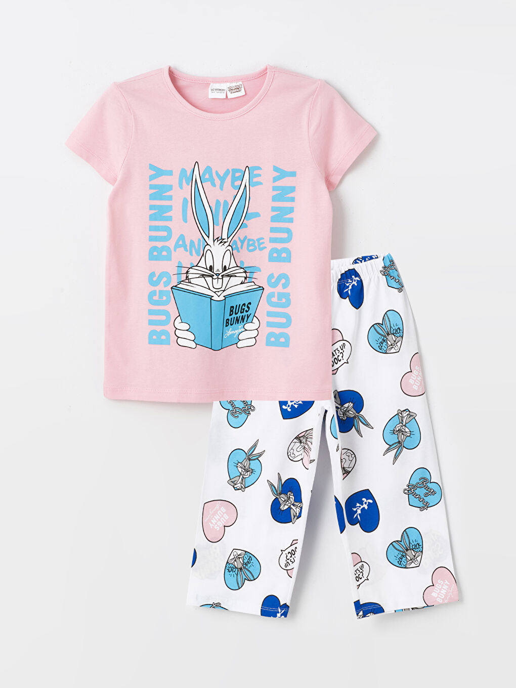 LCW Kids Pembe Bisiklet Yaka Bugs Bunny Baskılı Kısa Kollu Kız Çocuk Pijama Takımı