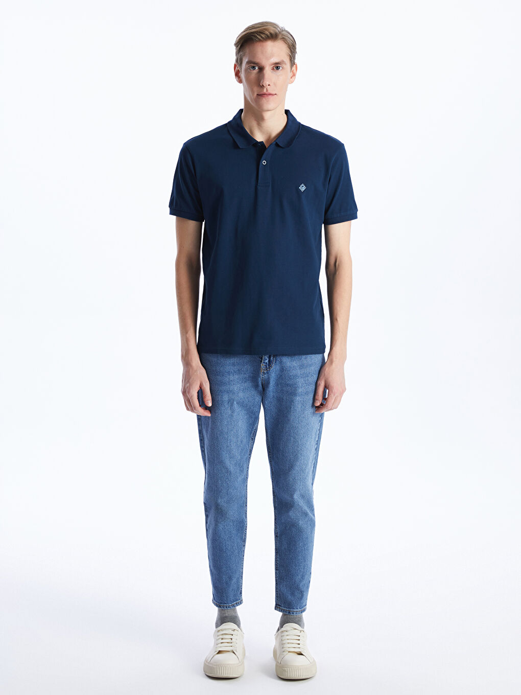 Lacivert Polo Yaka Kısa Kollu Pike Erkek Tişört-1