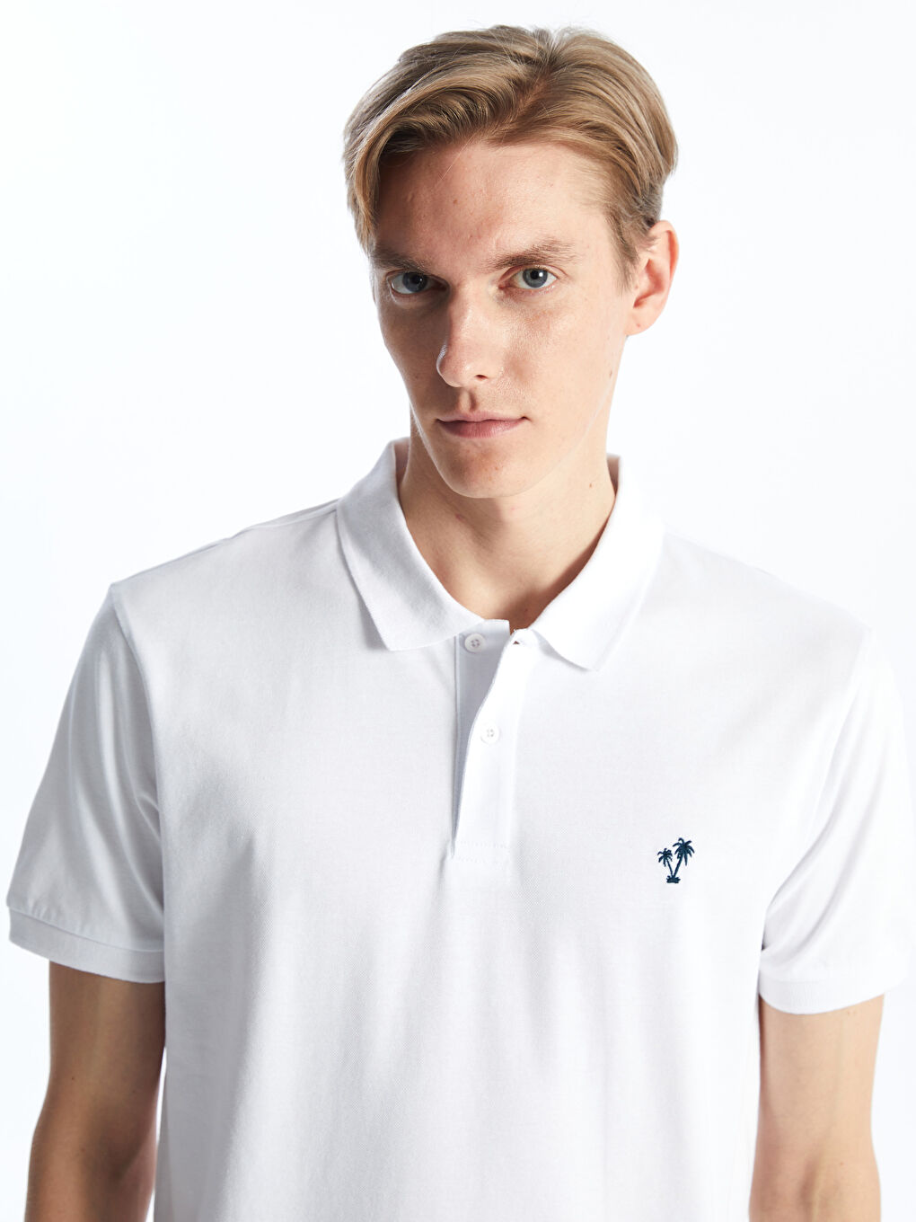 Beyaz Polo Yaka Kısa Kollu Pike Erkek Tişört-1