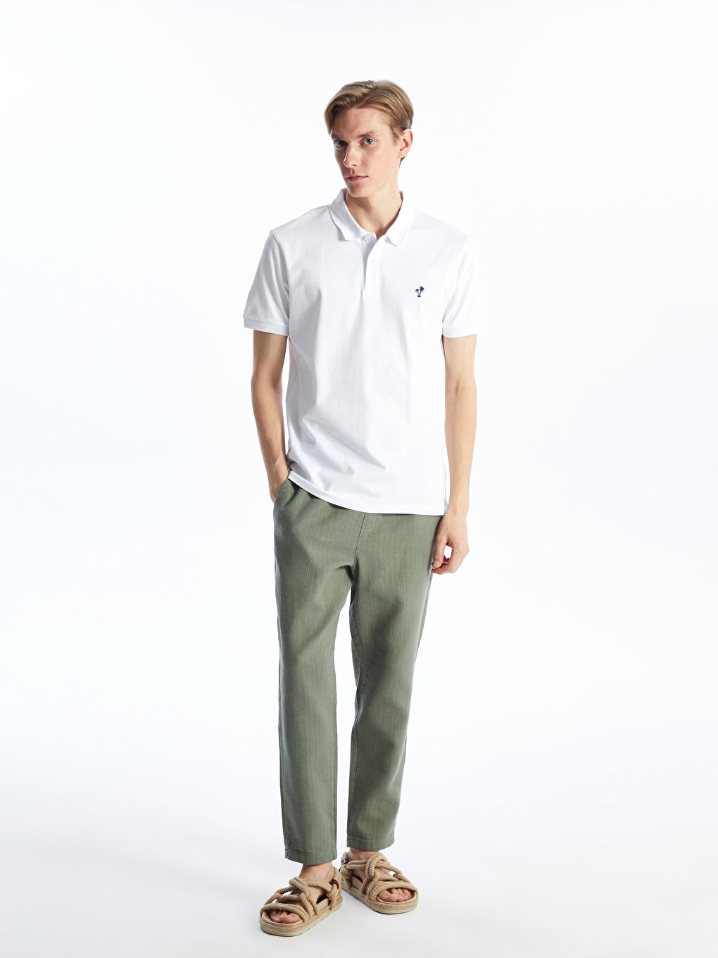 Beyaz Polo Yaka Kısa Kollu Pike Erkek Tişört-2