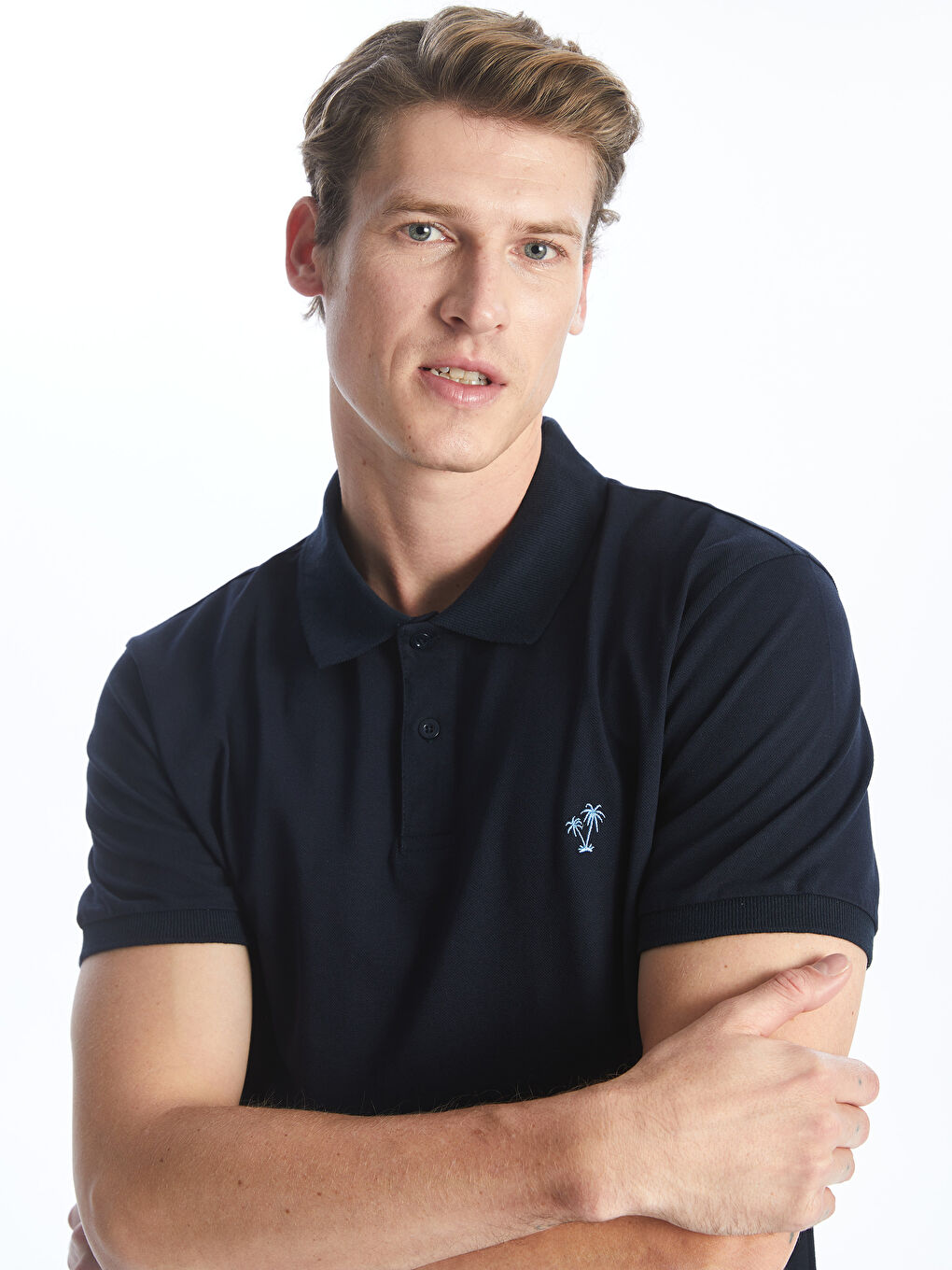 Lacivert Polo Yaka Kısa Kollu Pike Erkek Tişört-1