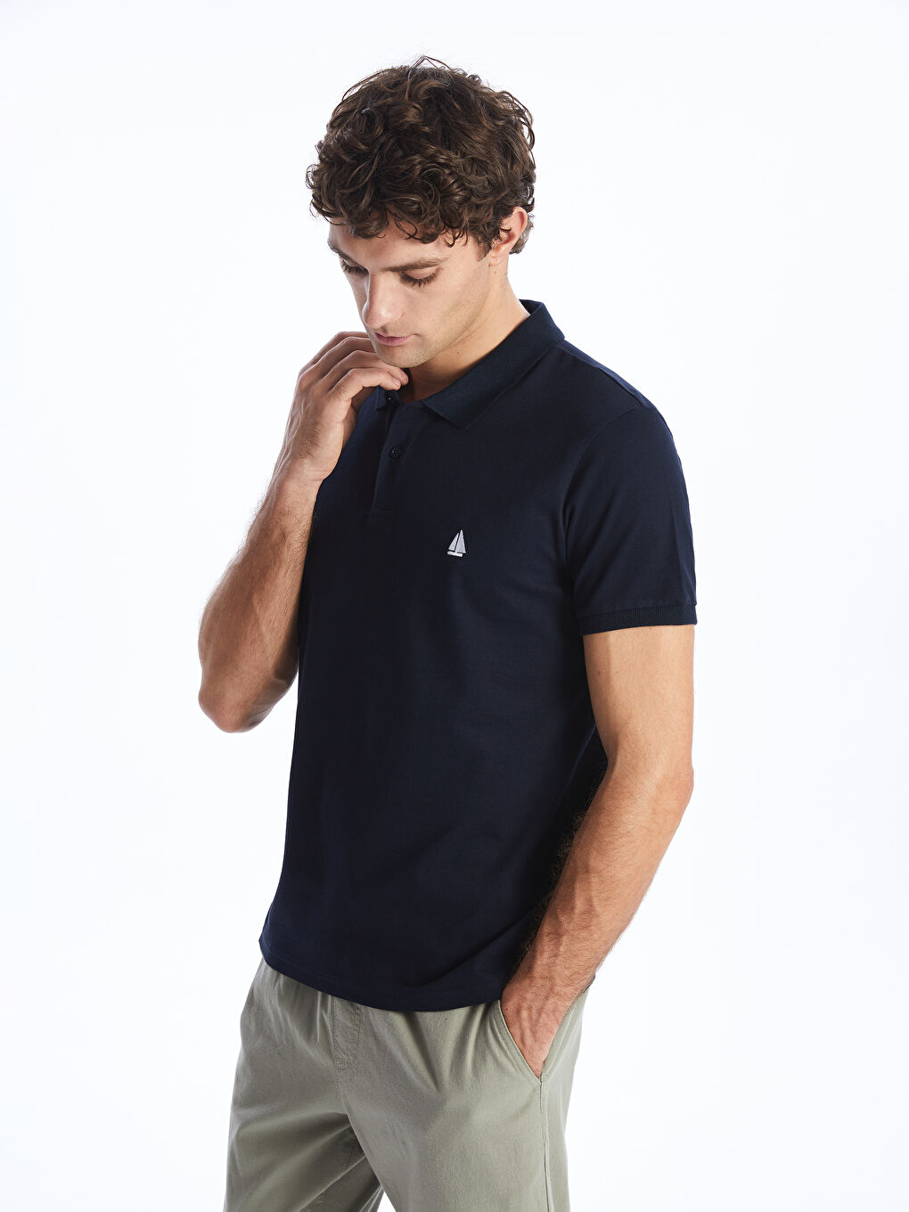 Lacivert Polo Yaka Kısa Kollu Pike Erkek Tişört-1