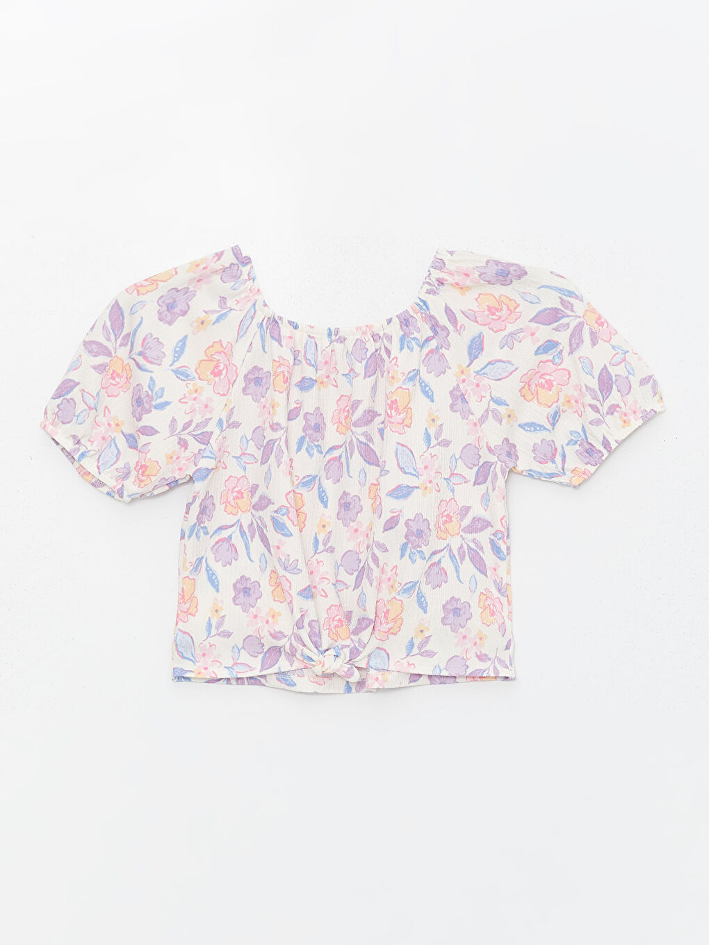 Ekru Bisiklet Yaka Çiçekli Kız Çocuk Tişört