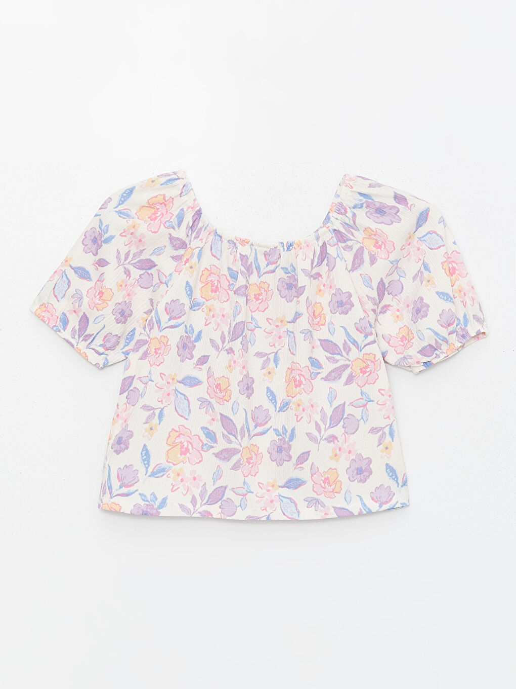 Ekru Bisiklet Yaka Çiçekli Kız Çocuk Tişört-1