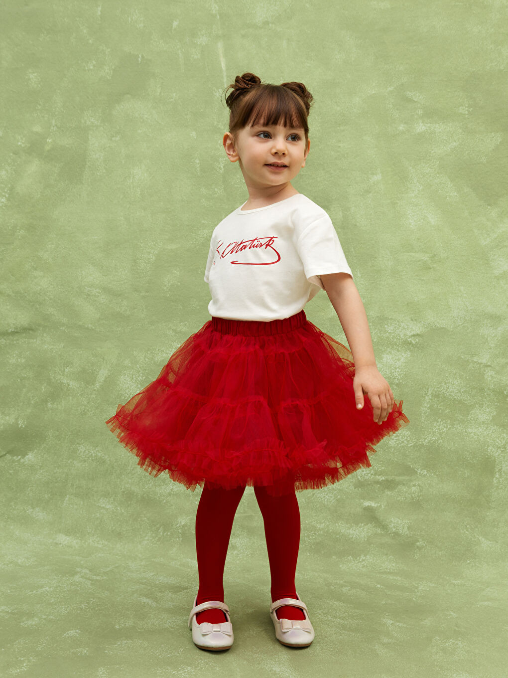 Ekru Bisiklet Yaka Atatürk Baskılı Kız Bebek Tişört-1