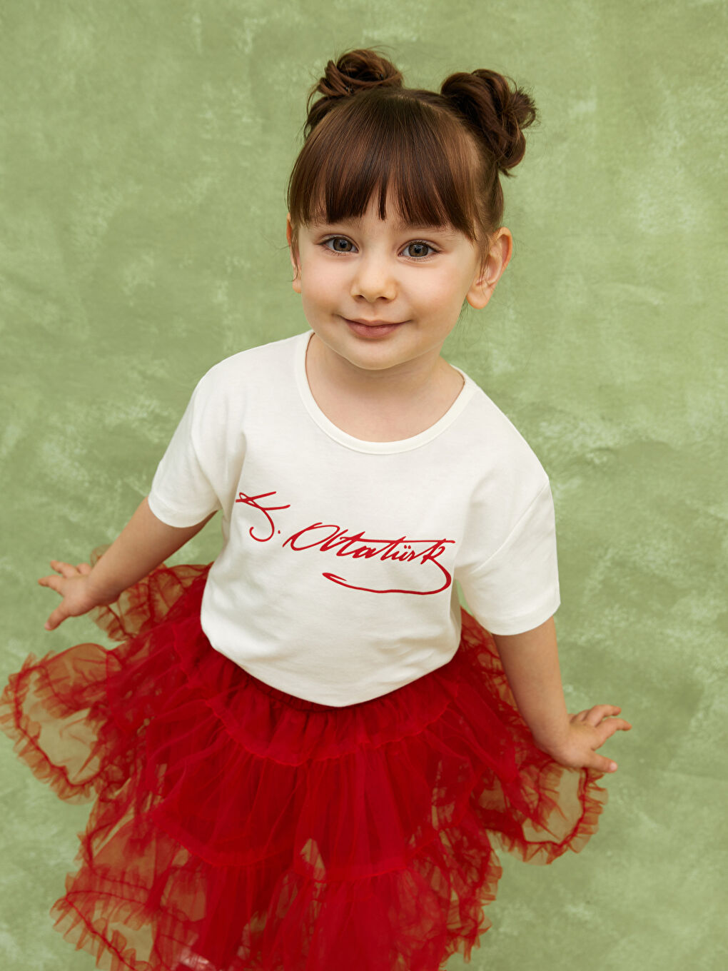 Ekru Bisiklet Yaka Atatürk Baskılı Kız Bebek Tişört-2