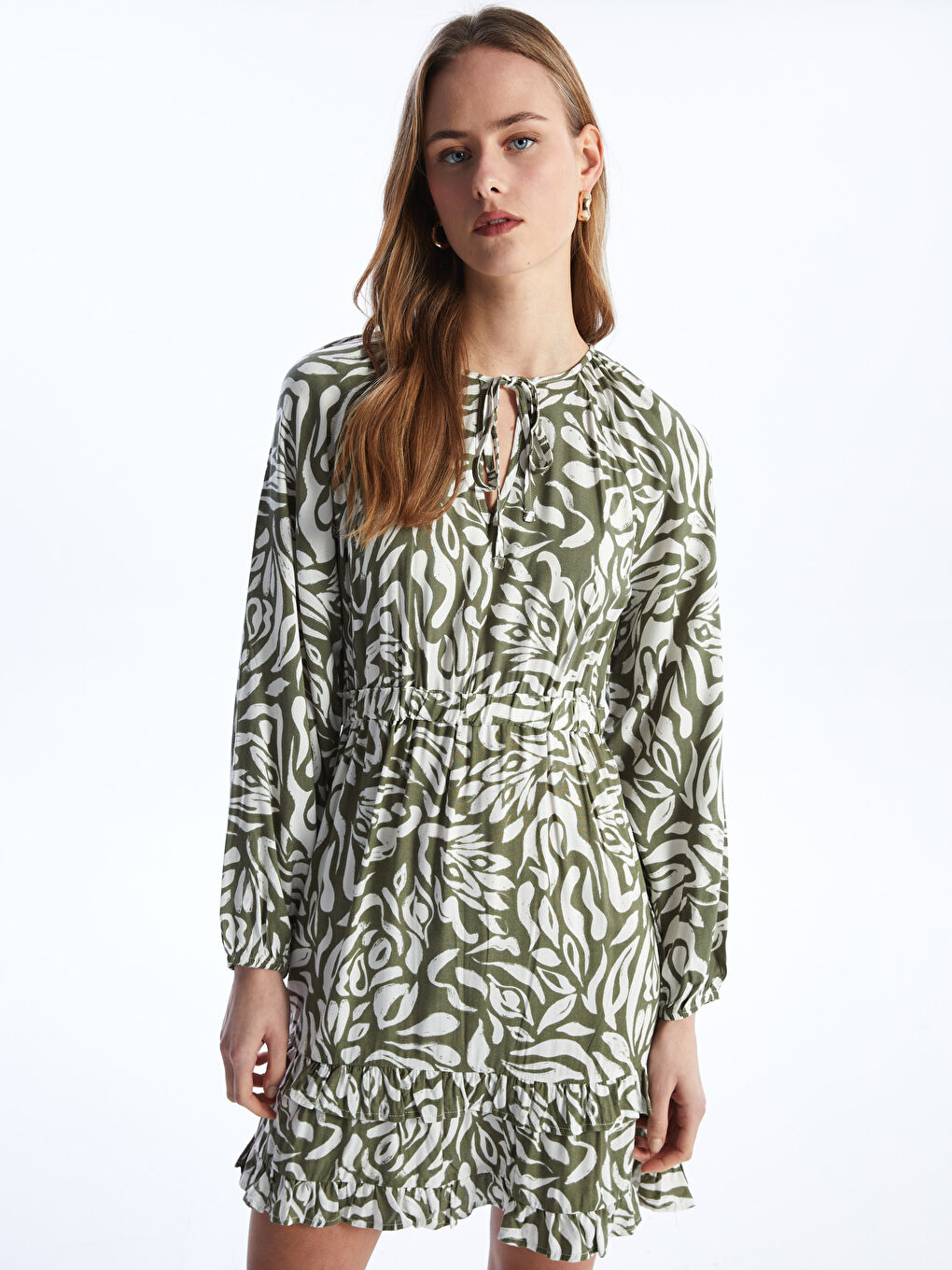 Tie Neck Patterned Long Sleeve Women's Dress -S4CF01Z8-LRR