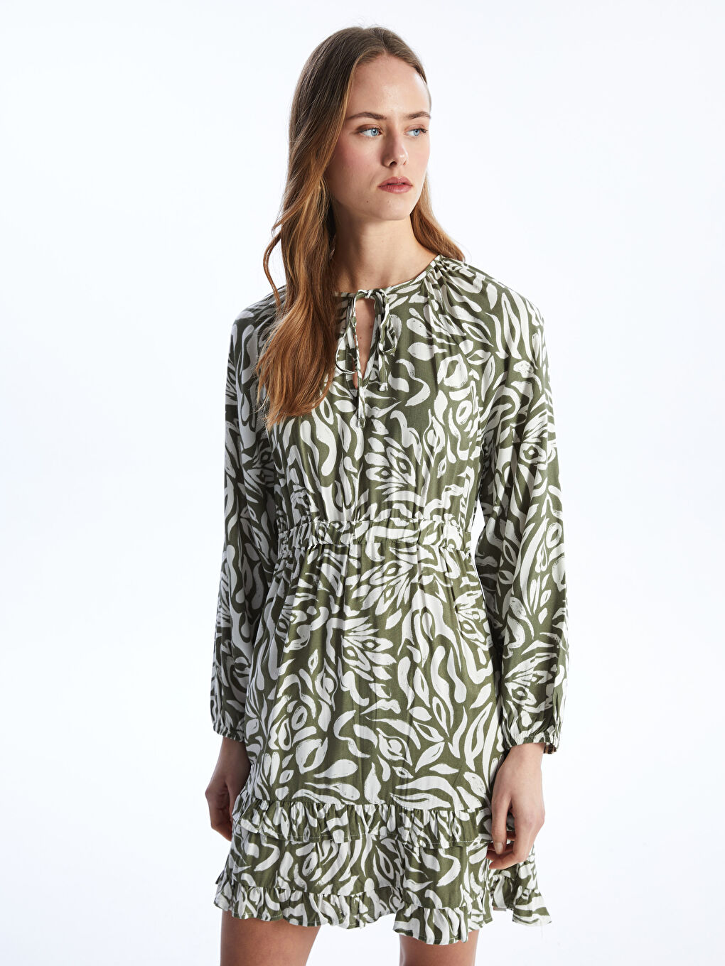 Tie Neck Patterned Long Sleeve Women's Dress -S4CF01Z8-LRR