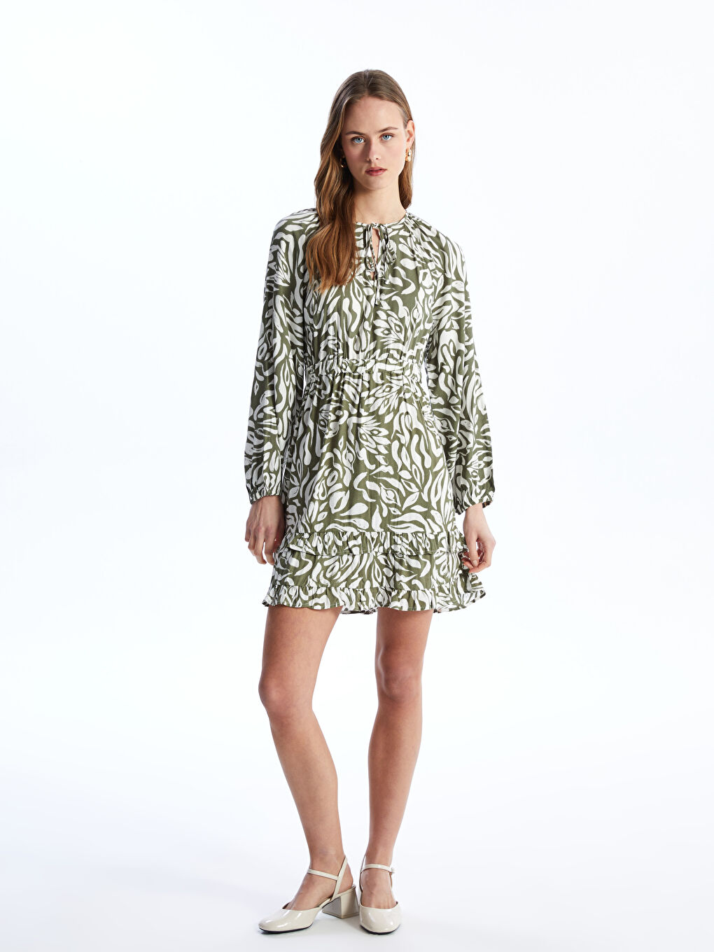 Tie Neck Patterned Long Sleeve Women's Dress -S4CF01Z8-LRR