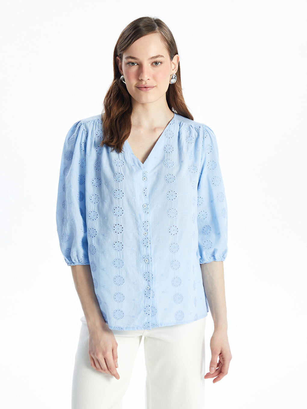 V-Neck Self-Patterned Women's Blouse -S4CH64Z8-G9Q