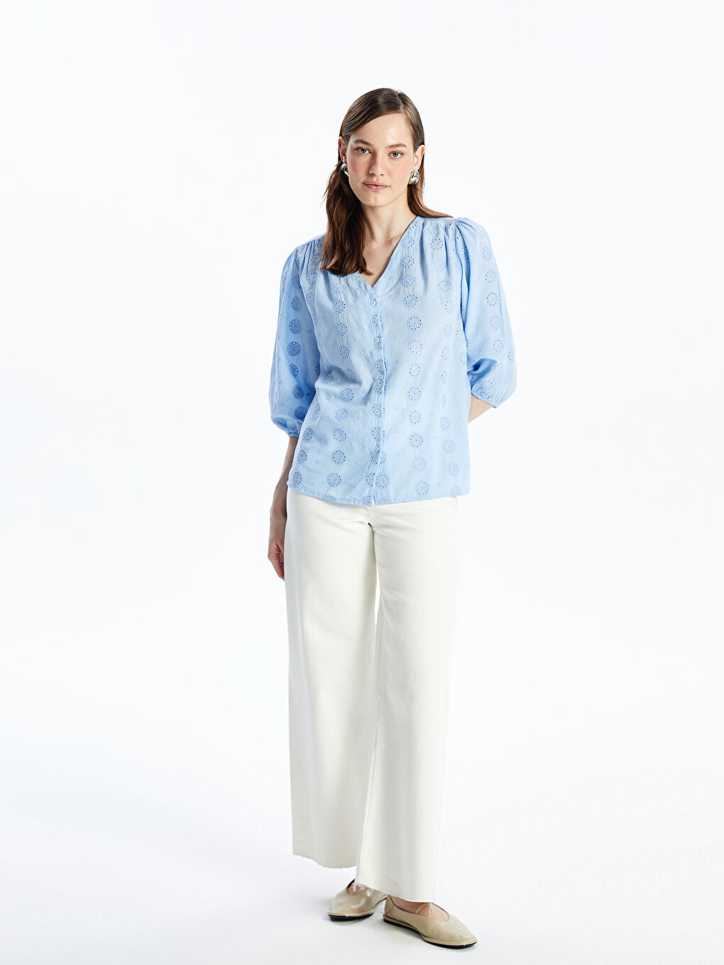 V-Neck Self-Patterned Women's Blouse -S4CH64Z8-G9Q