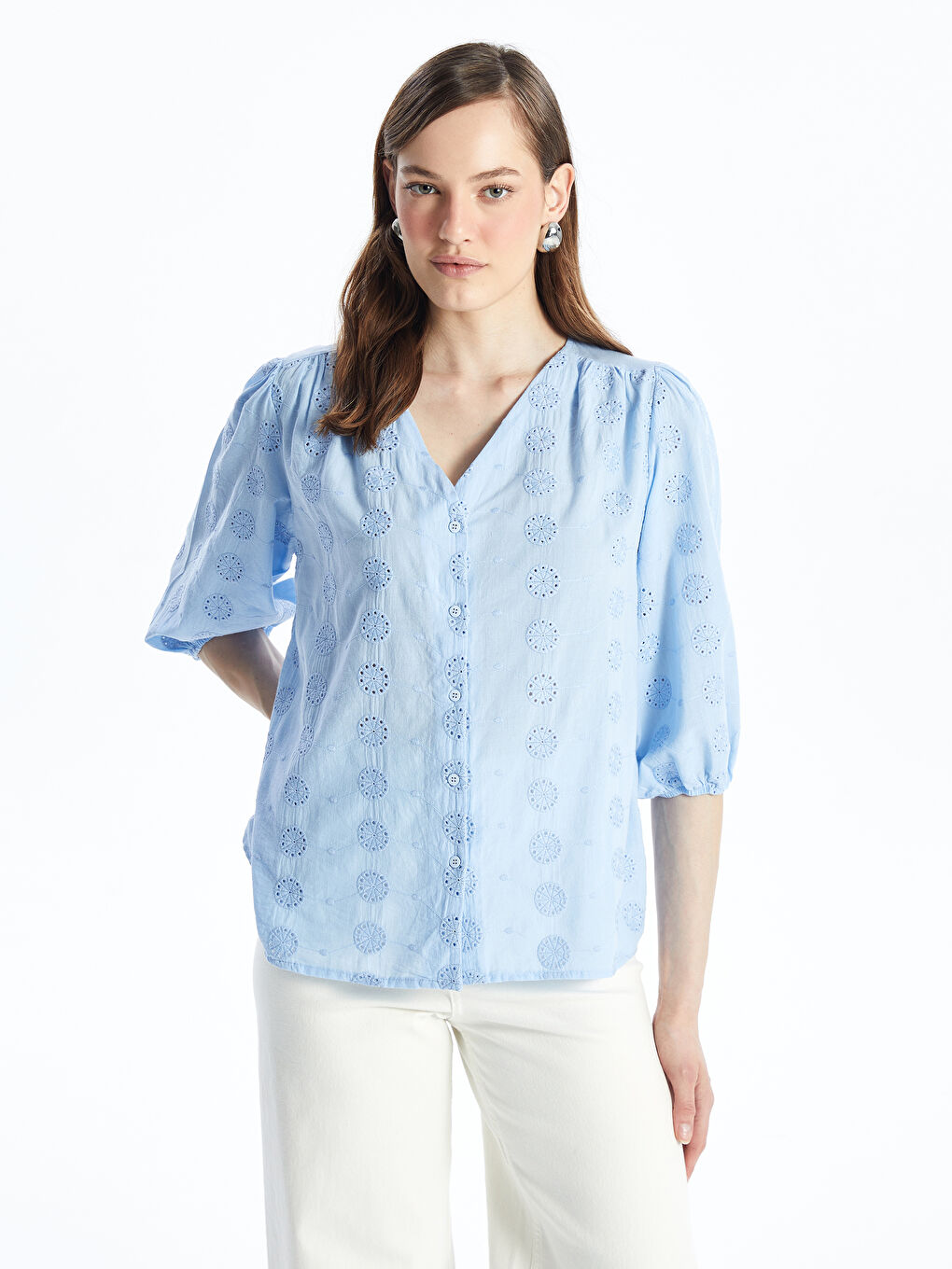 V-Neck Self-Patterned Women's Blouse -S4CH64Z8-G9Q
