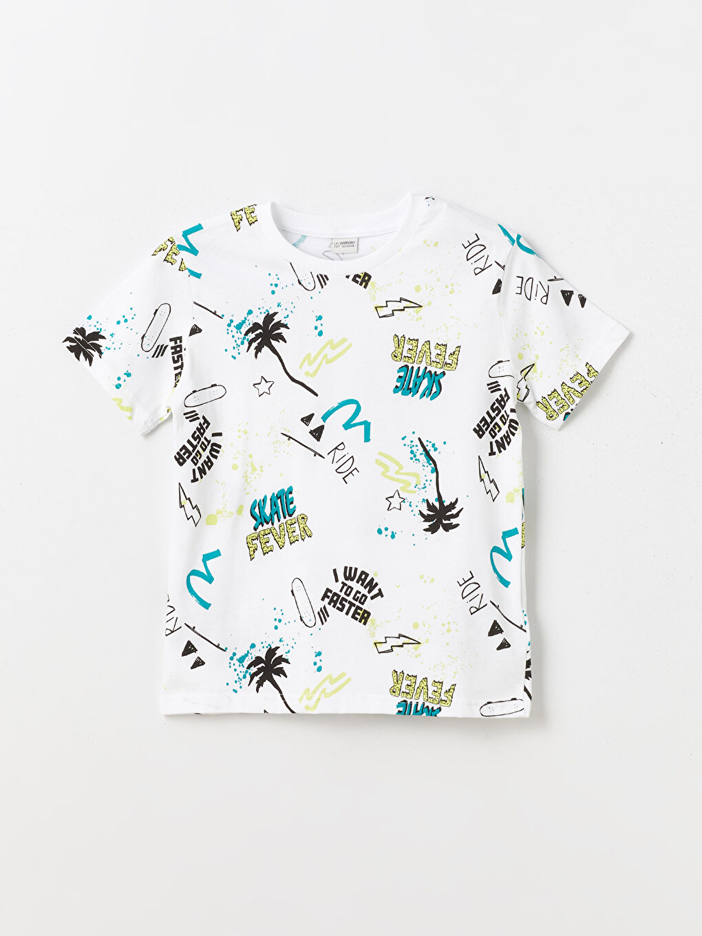 Beyaz Bisiklet Yaka Baskılı Kısa Kollu Erkek Çocuk Tişört-3