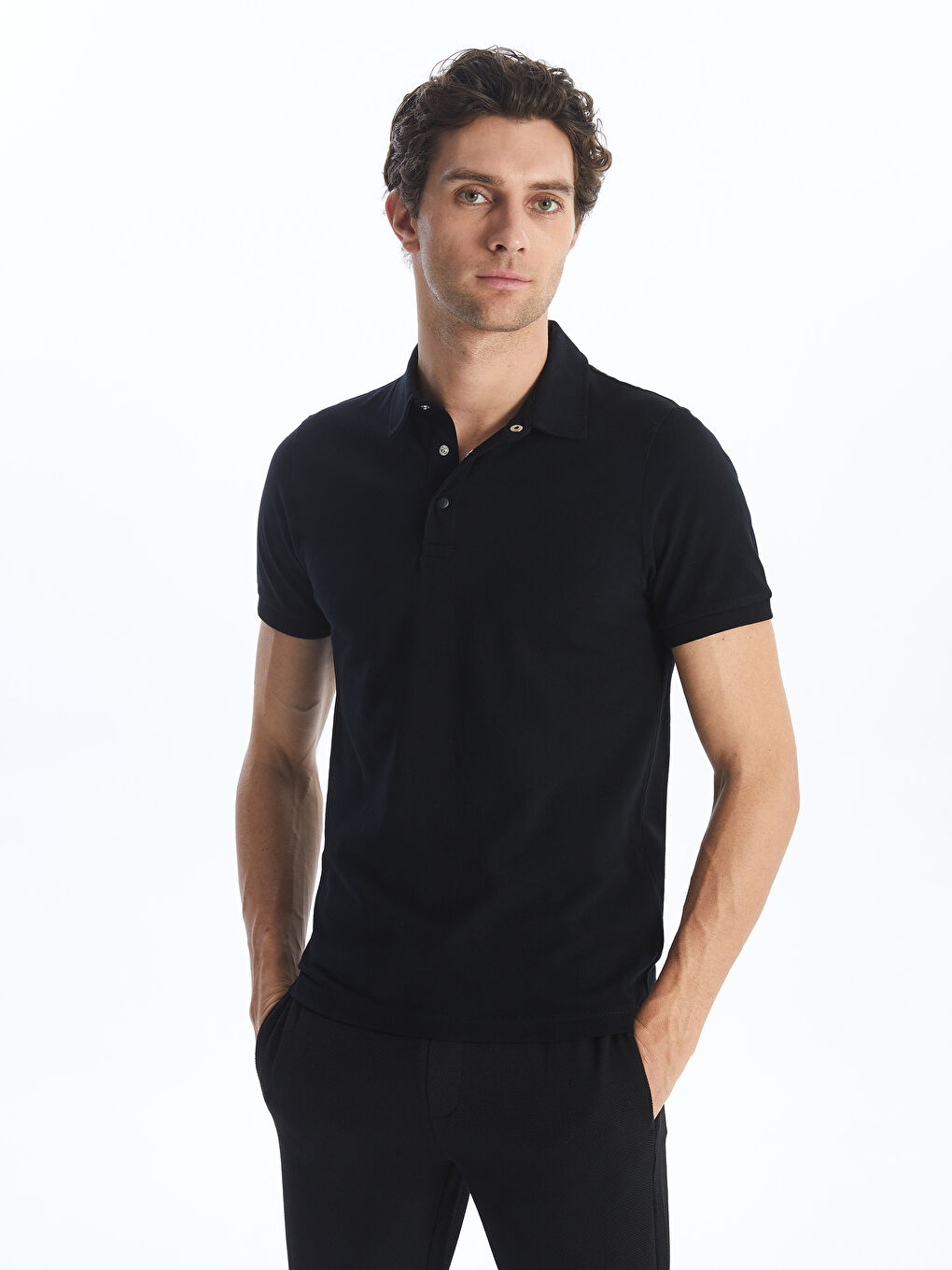 Siyah Polo Yaka Kısa Kollu Pike Erkek Tişört-1