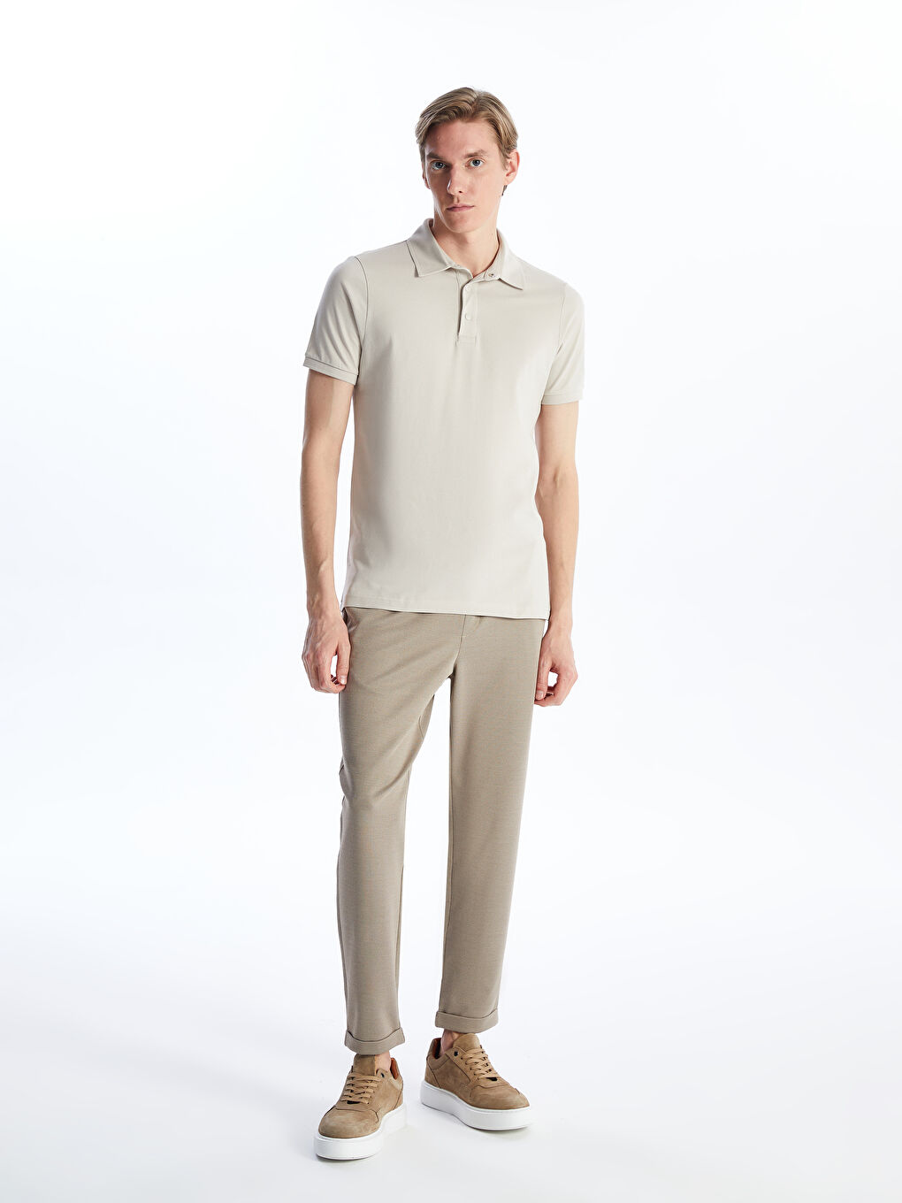 Bej Polo Yaka Kısa Kollu Pike Erkek Tişört-2