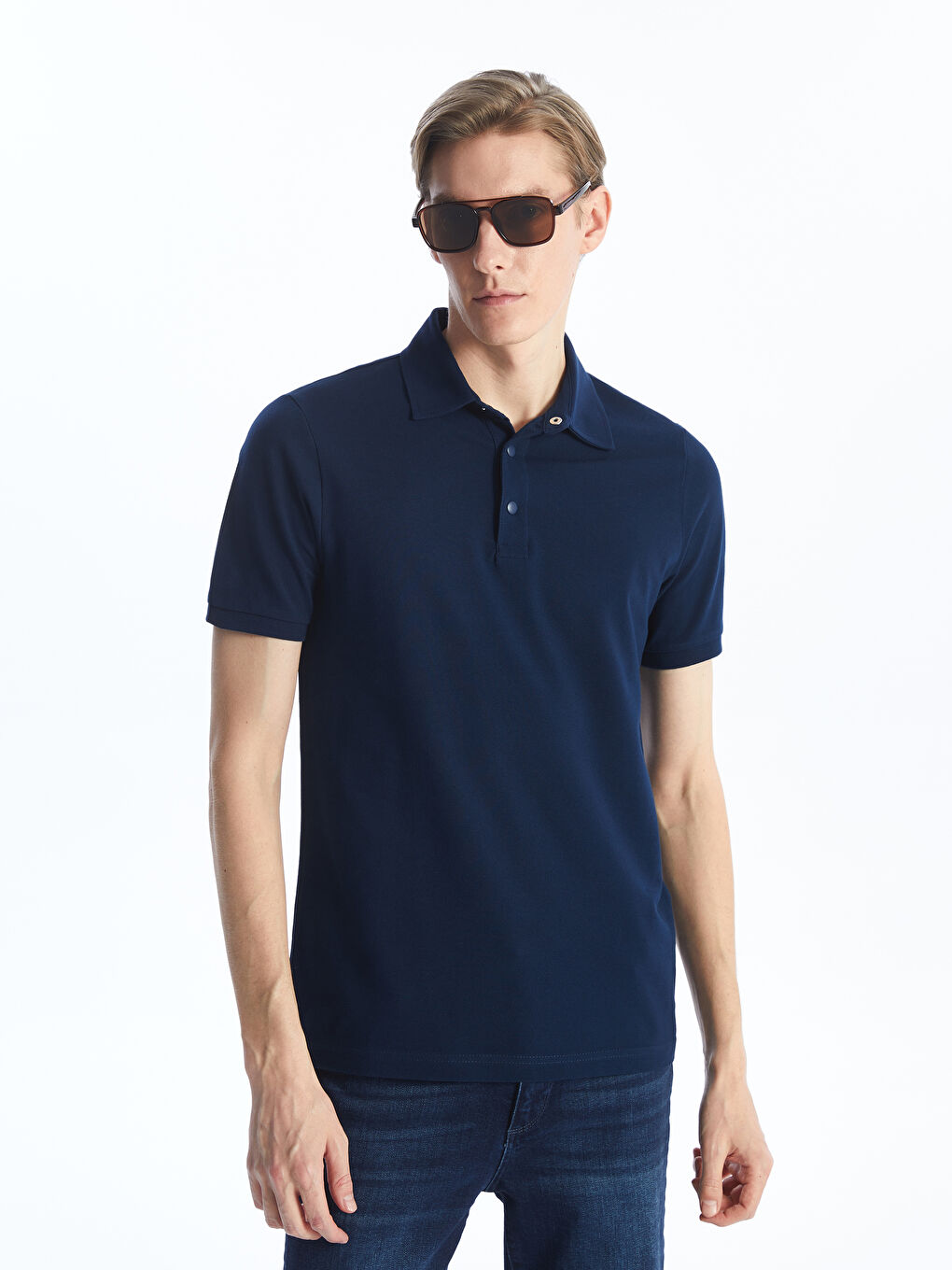 Lacivert Polo Yaka Kısa Kollu Pike Erkek Tişört