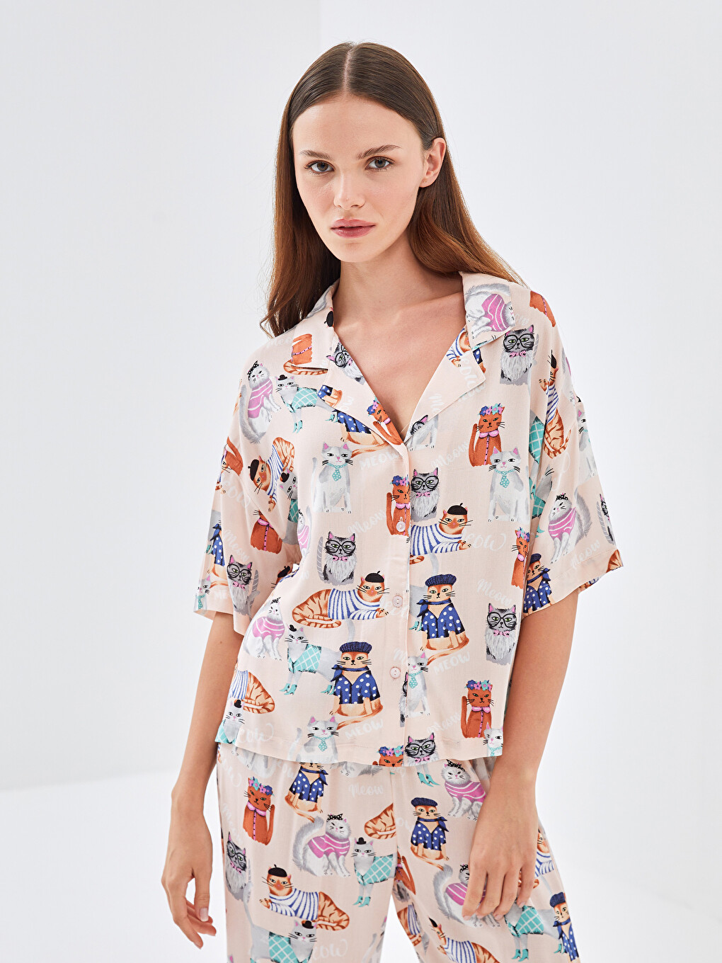 Button-Down Collar Printed Women's Pyjama Set-1