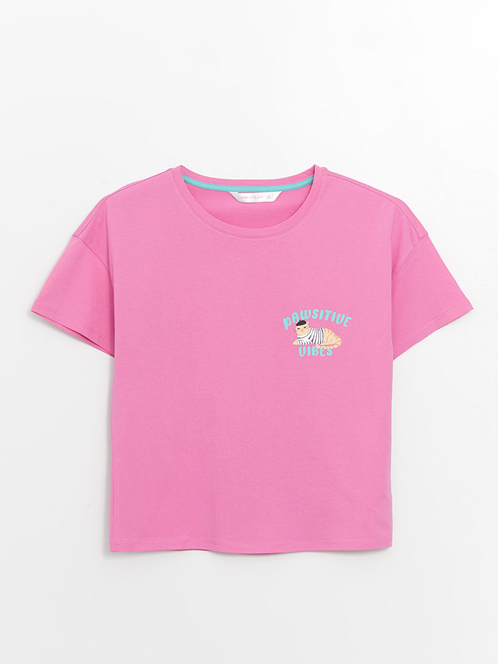 Pembe Bisiklet Yaka Baskılı Kısa Kollu Kadın Pijama Üst