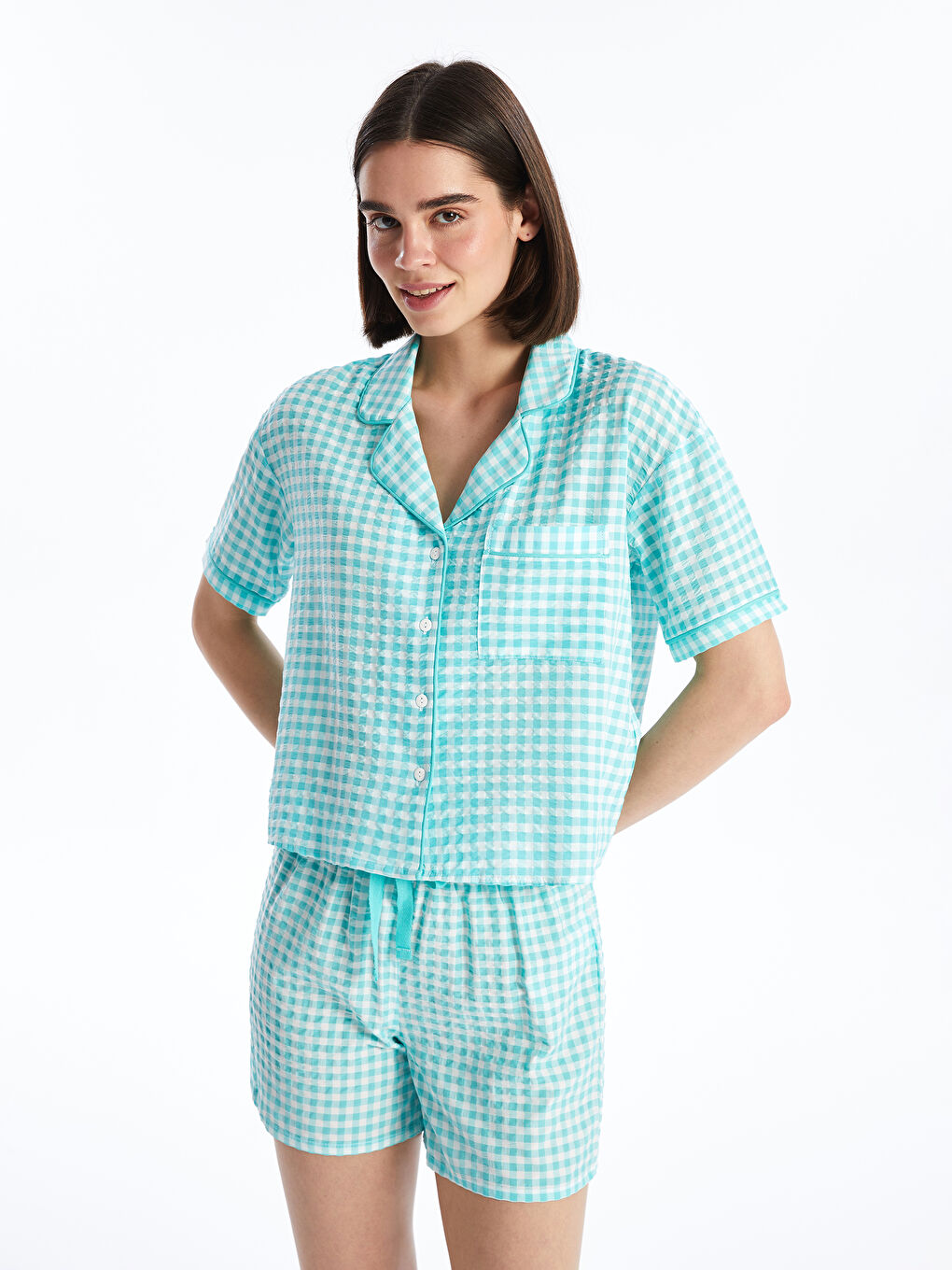 Shirt Collar Patterned Short Sleeve Women's Shorts Pajamas Set -S4CJ86Z8-LPK