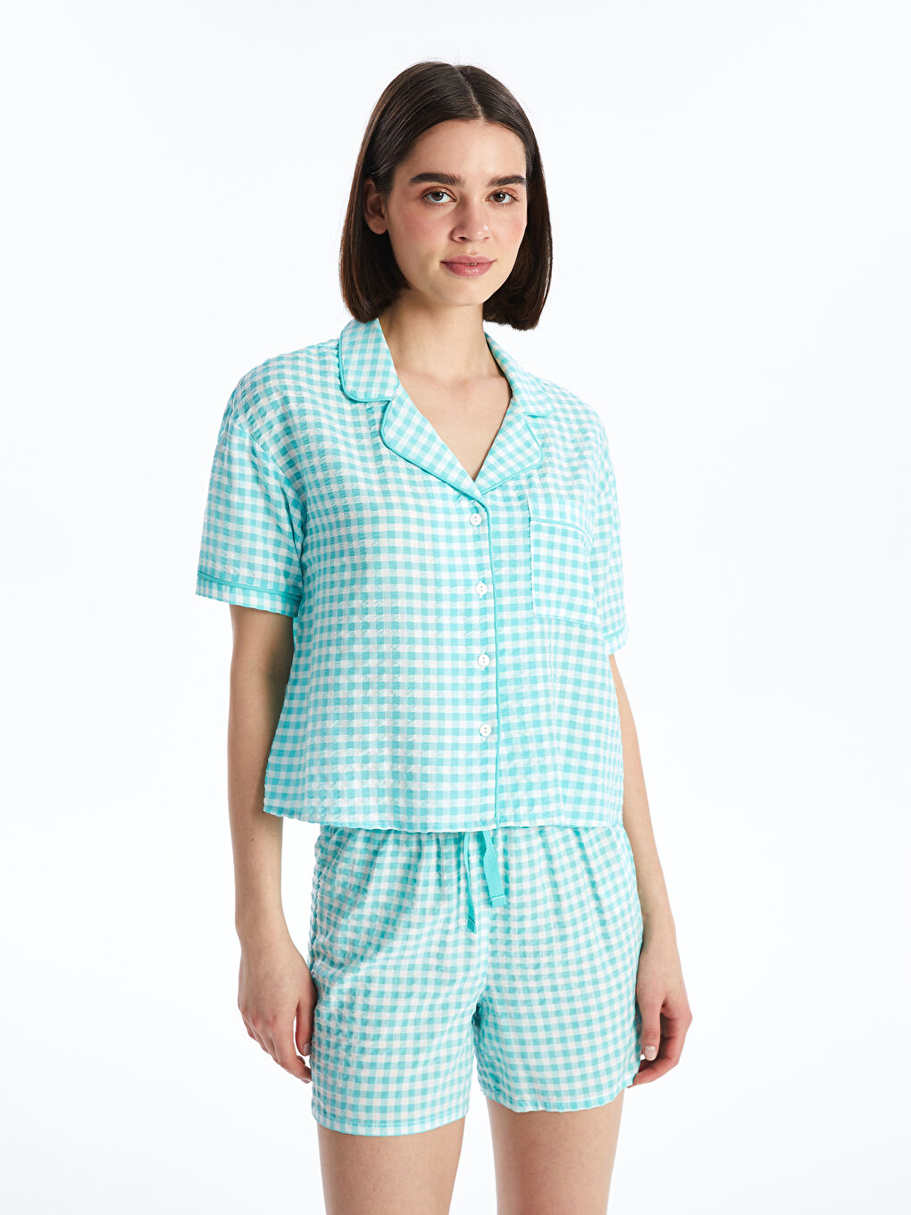 Shirt Collar Patterned Short Sleeve Women's Shorts Pajamas Set -S4CJ86Z8-LPK