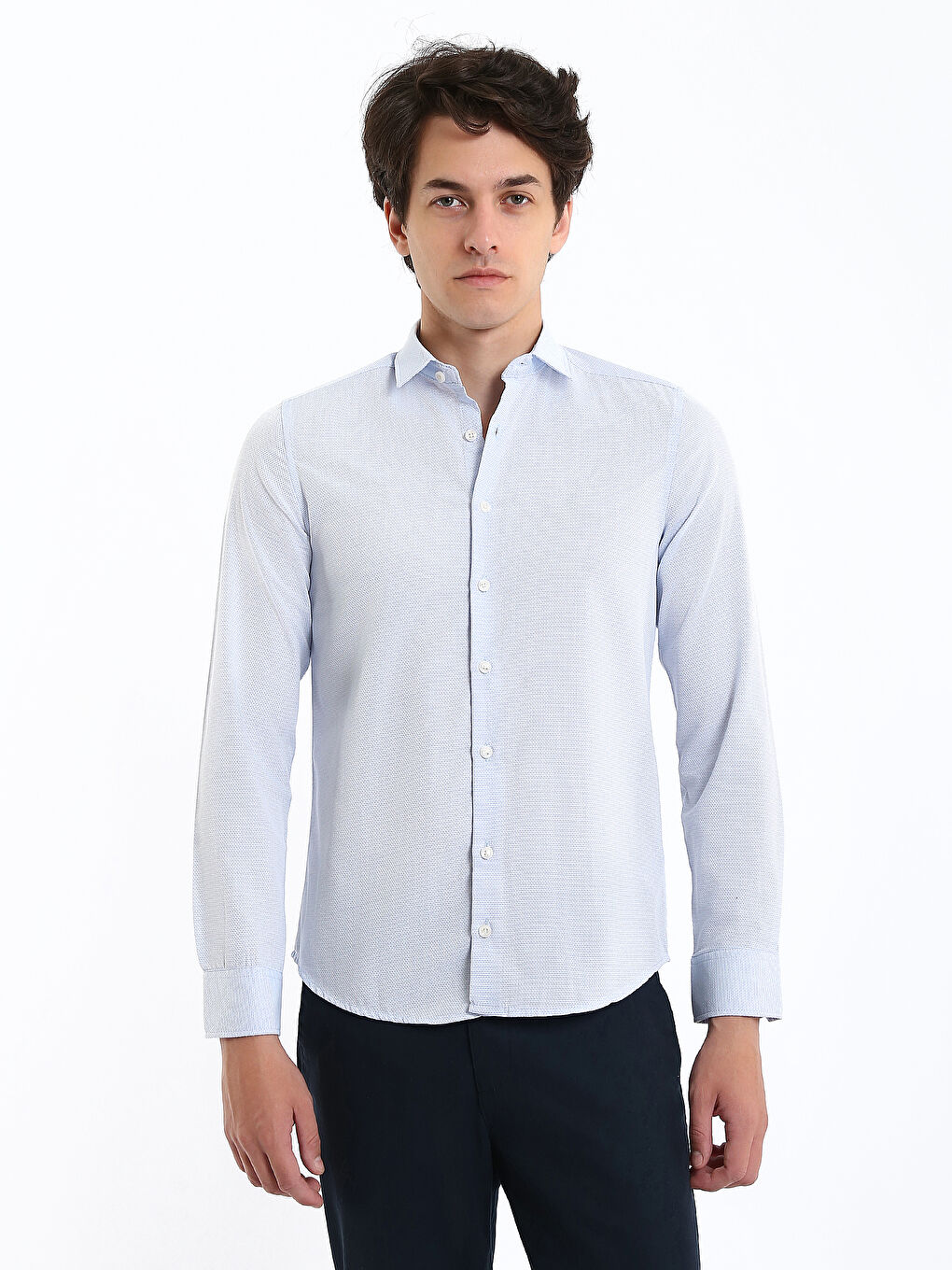 Mavi Slim Fit Uzun Kollu Armürlü Erkek Dokulu Gömlek-1