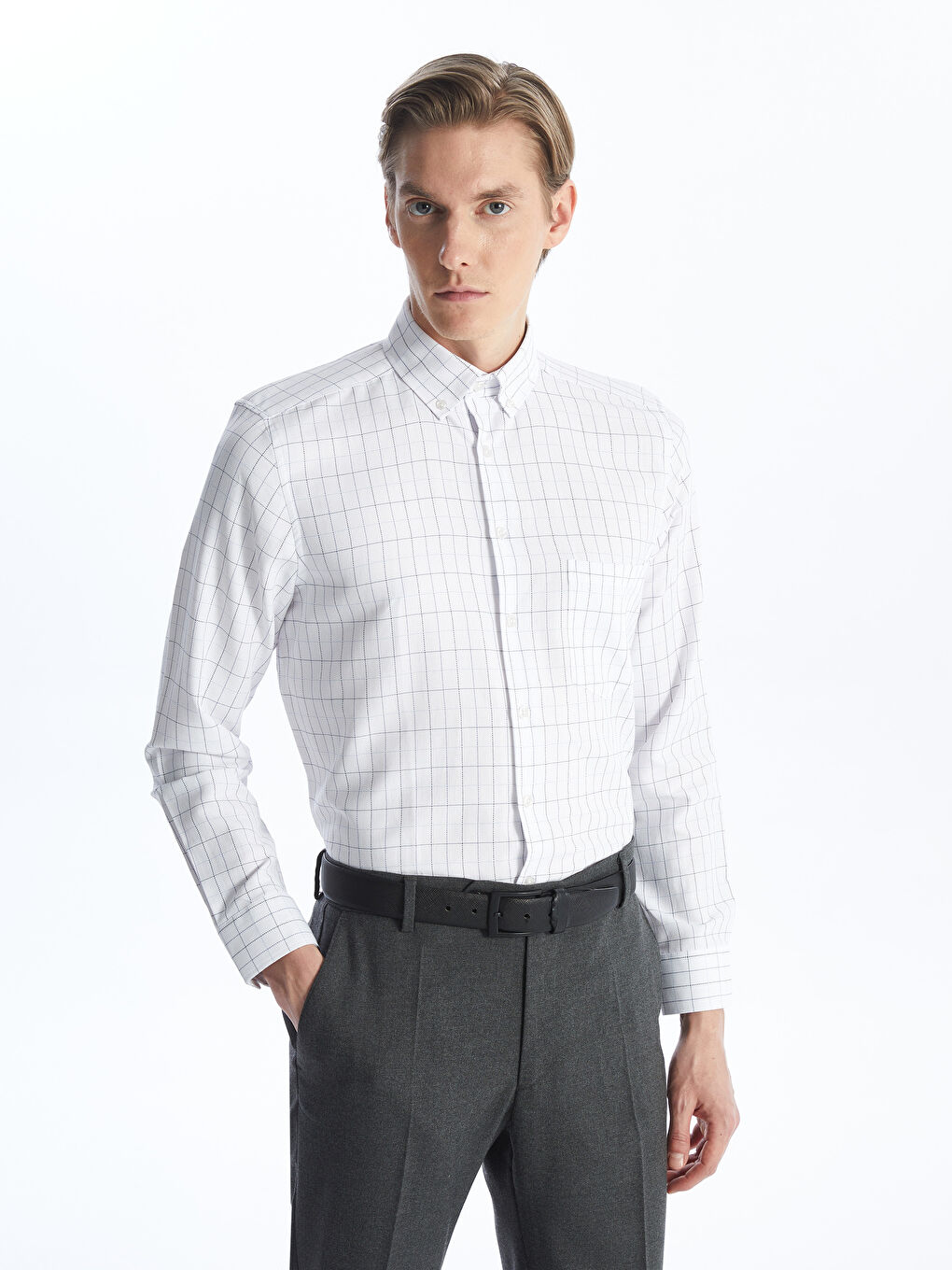 Regular Fit Long Sleeve Plaid Oxford Men's Shirt -S4CK27Z8-LLC