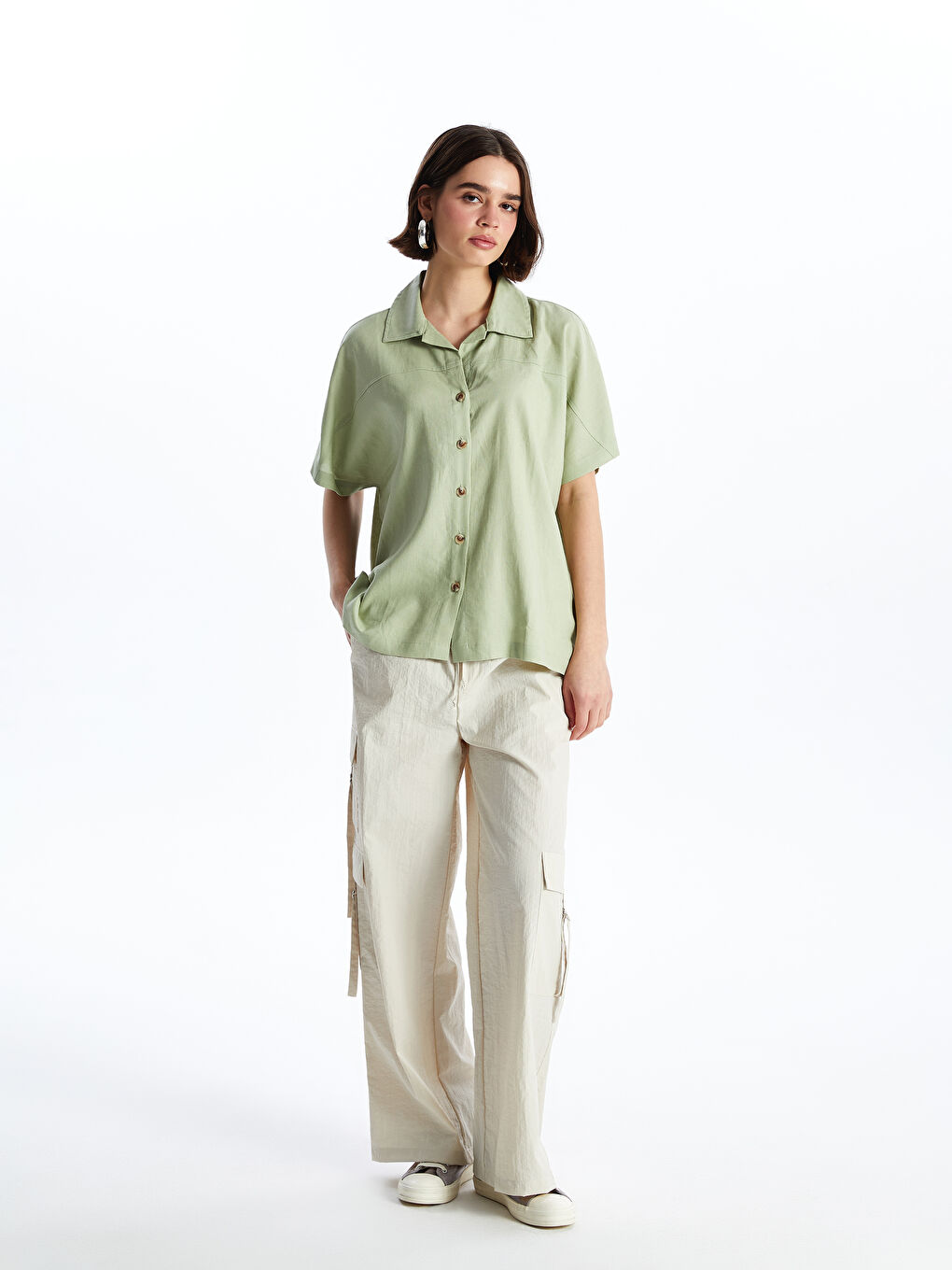 Әйелдерге арналған зығыр қоспасы қысқа жең өрнексіз оверсайз жейде-1