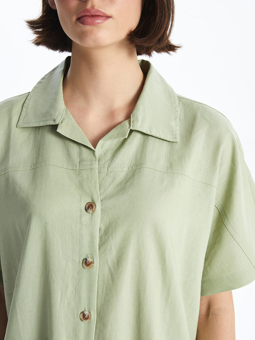 Әйелдерге арналған зығыр қоспасы қысқа жең өрнексіз оверсайз жейде-3