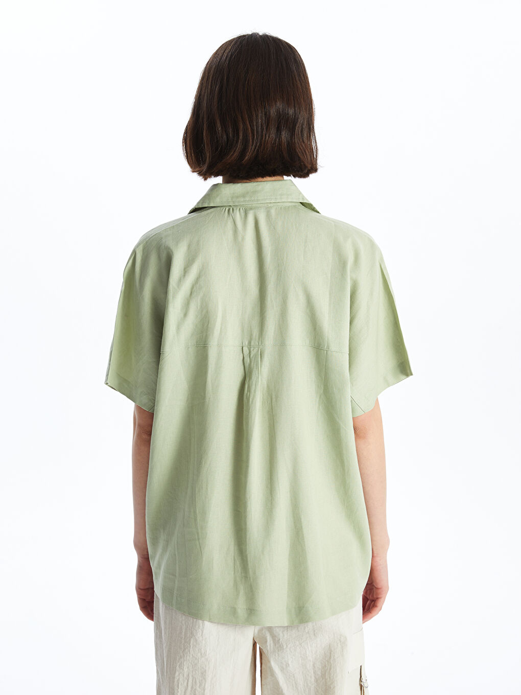 Әйелдерге арналған зығыр қоспасы қысқа жең өрнексіз оверсайз жейде-4