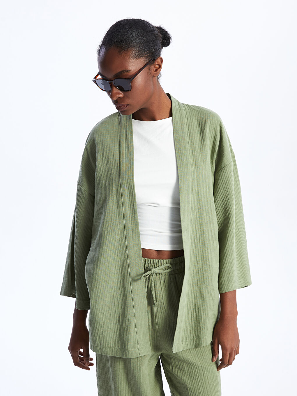 LCW Vision Haki Şal Yaka Düz Müslin Kadın Kimono - 2