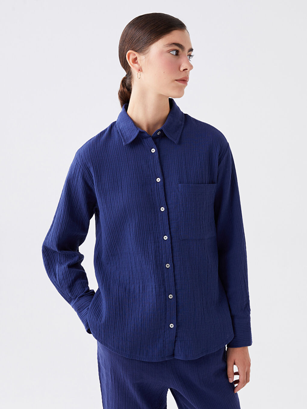 Plain Long Sleeve Muslin Women's Shirt -S4CM22Z8-VV9