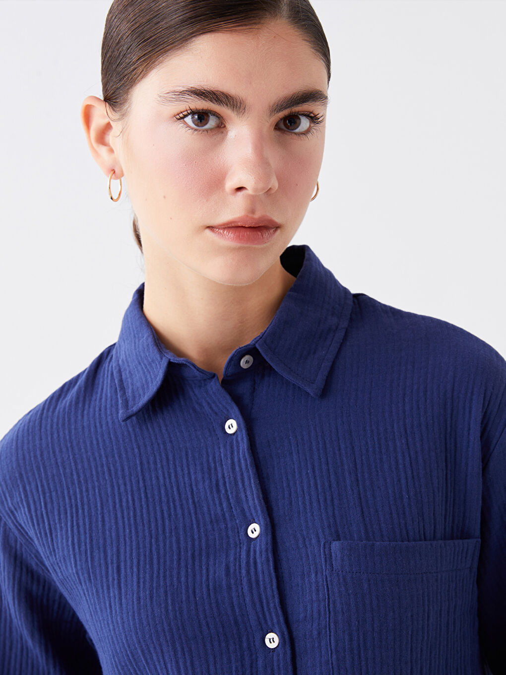 Plain Long Sleeve Muslin Women's Shirt -S4CM22Z8-VV9