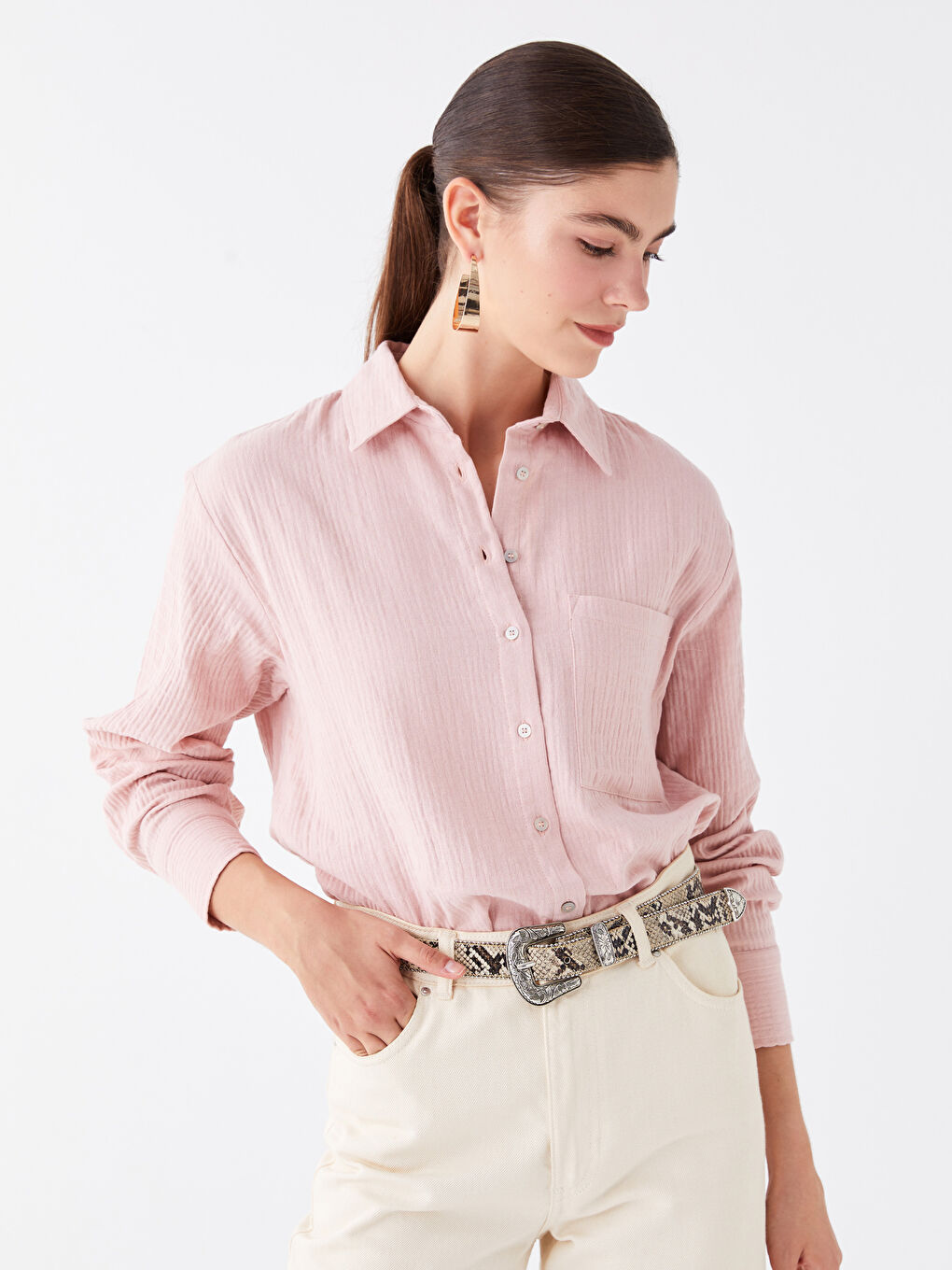 Pembe Düz Uzun Kollu Müslin Kadın Gömlek