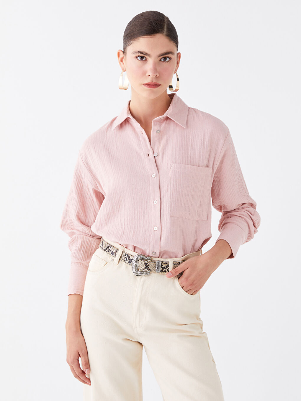 Pembe Düz Uzun Kollu Müslin Kadın Gömlek-1